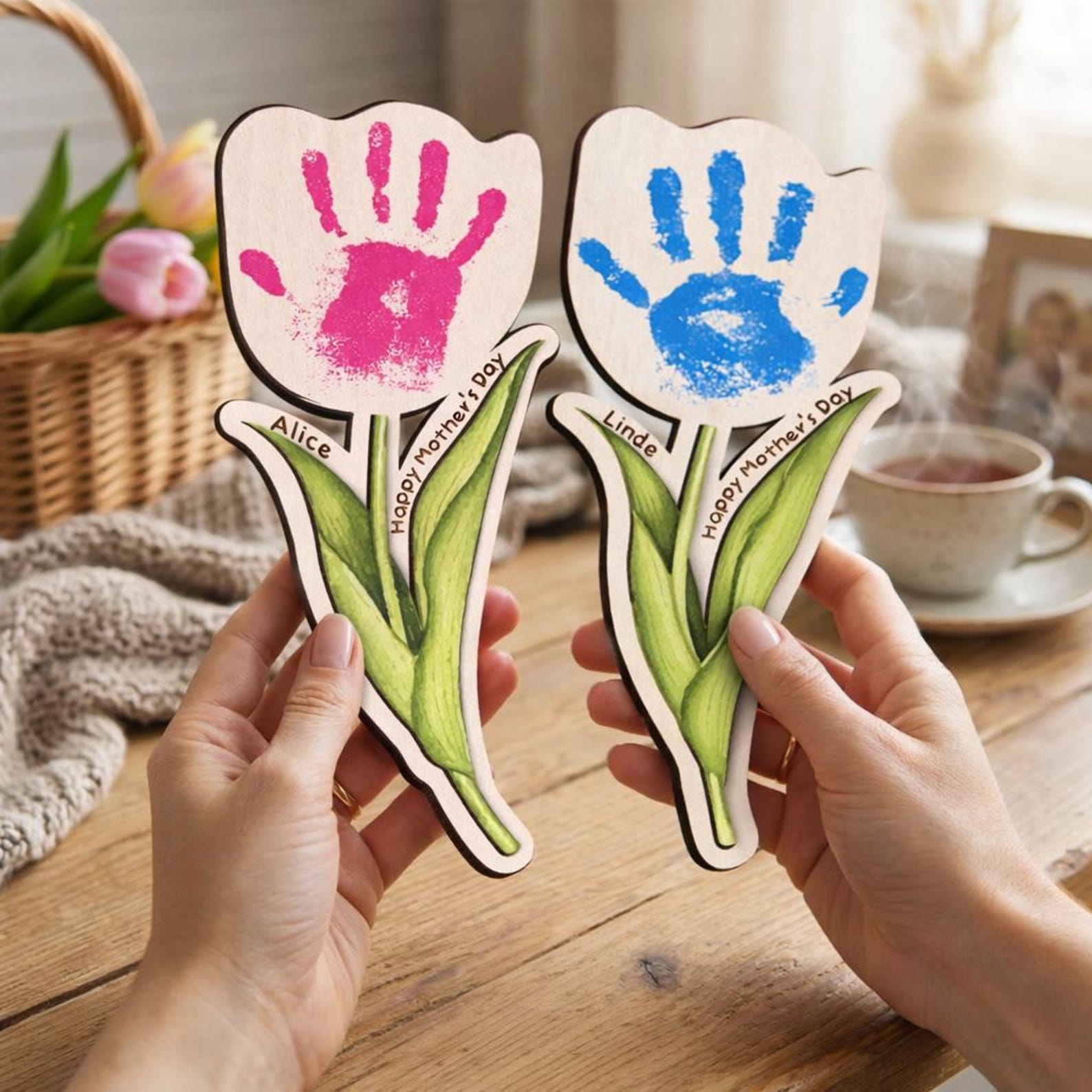 Personalized Name Baby Handprint Tulip Plaque with Pigment, Wooden First Mother's Day Sign, Memorial Keepsake, Mother's Day/Birthday Gift for New Mom