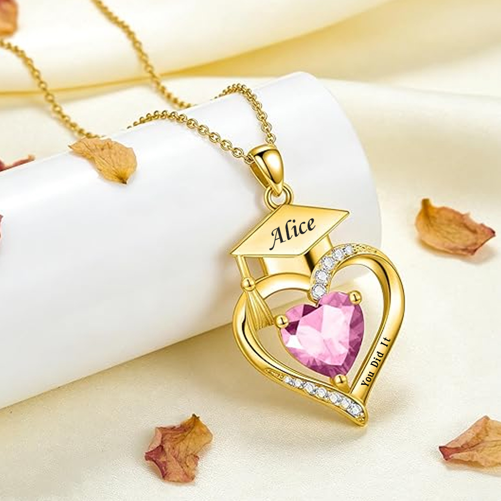 Personalized Name Grad Cap Necklace with Heart Birthstone, Class of 2026 Graduation Jewelry, High School College Class Keepsake, Gift for Graduates