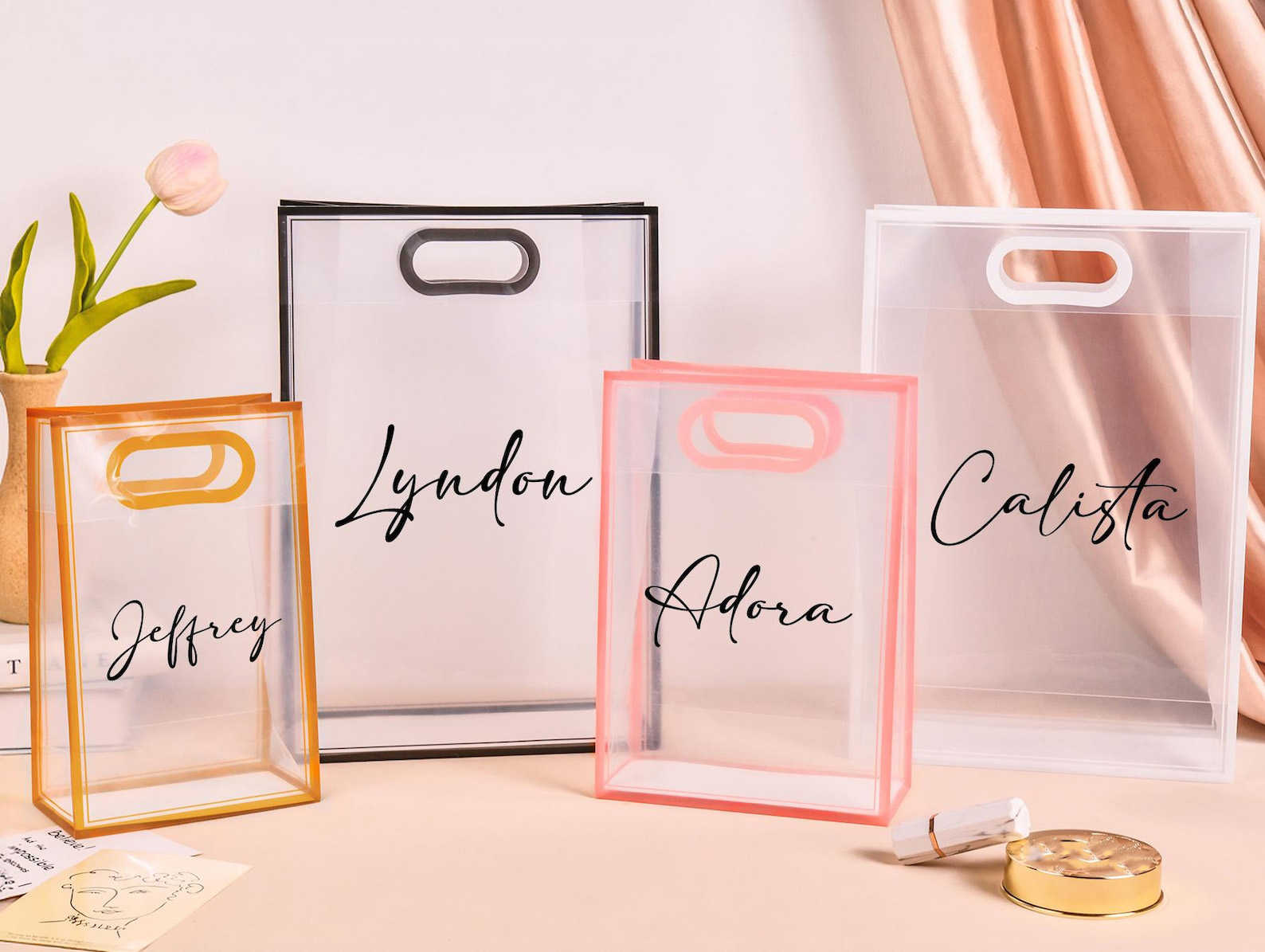 (Set of 2pcs)Custom Elegant Transparent Gift Bags with Name, Waterproof PVC Classy Goody Bags, Bride Shower Party Favors, Gifts for Guests/Bridesmaids