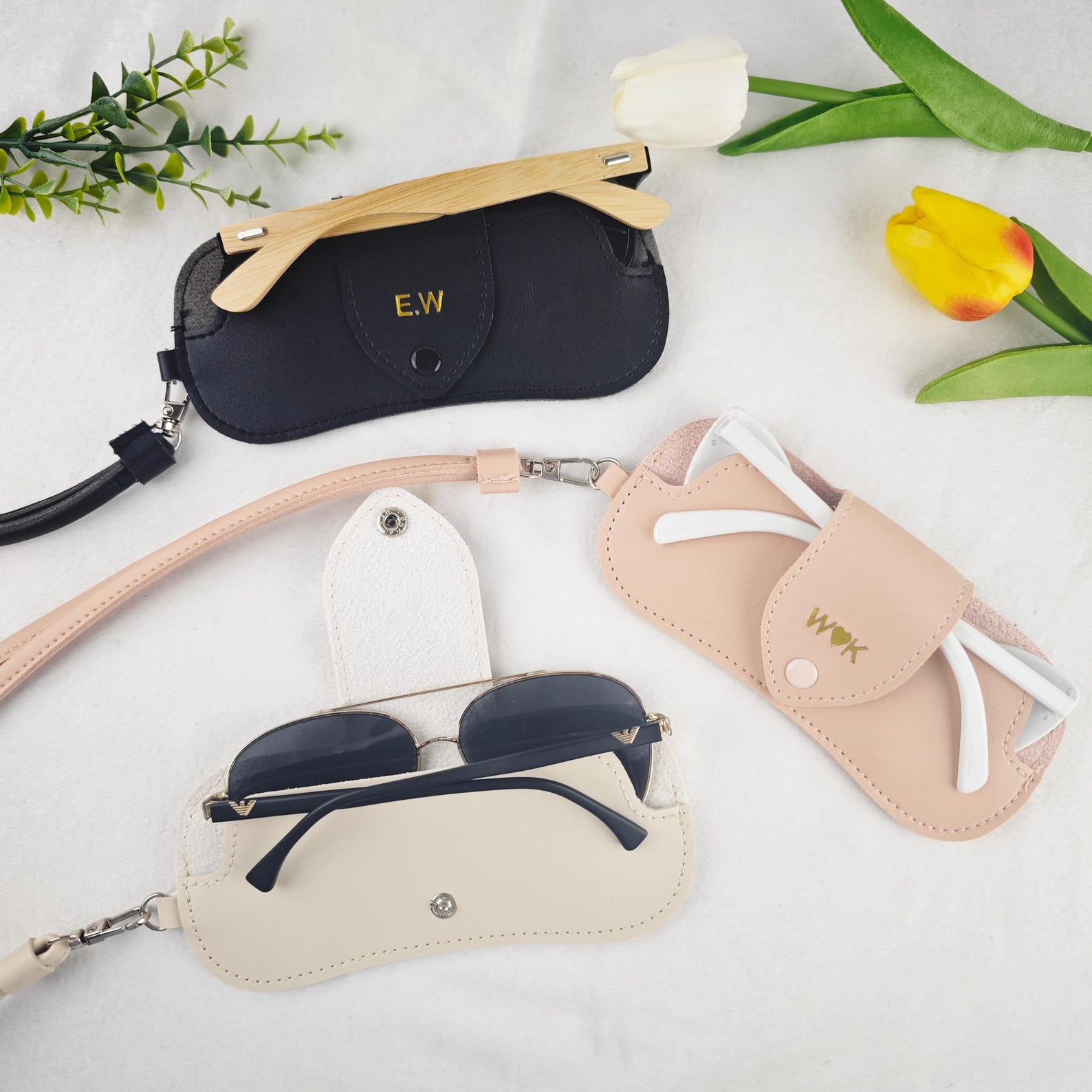Personalized Monogram Leather Sunglasses Case, Handmade Portable Eyewear Pouch with Lanyard, Travel Carrying Eyeglass Bag, Birthday Gift for Her/Mom