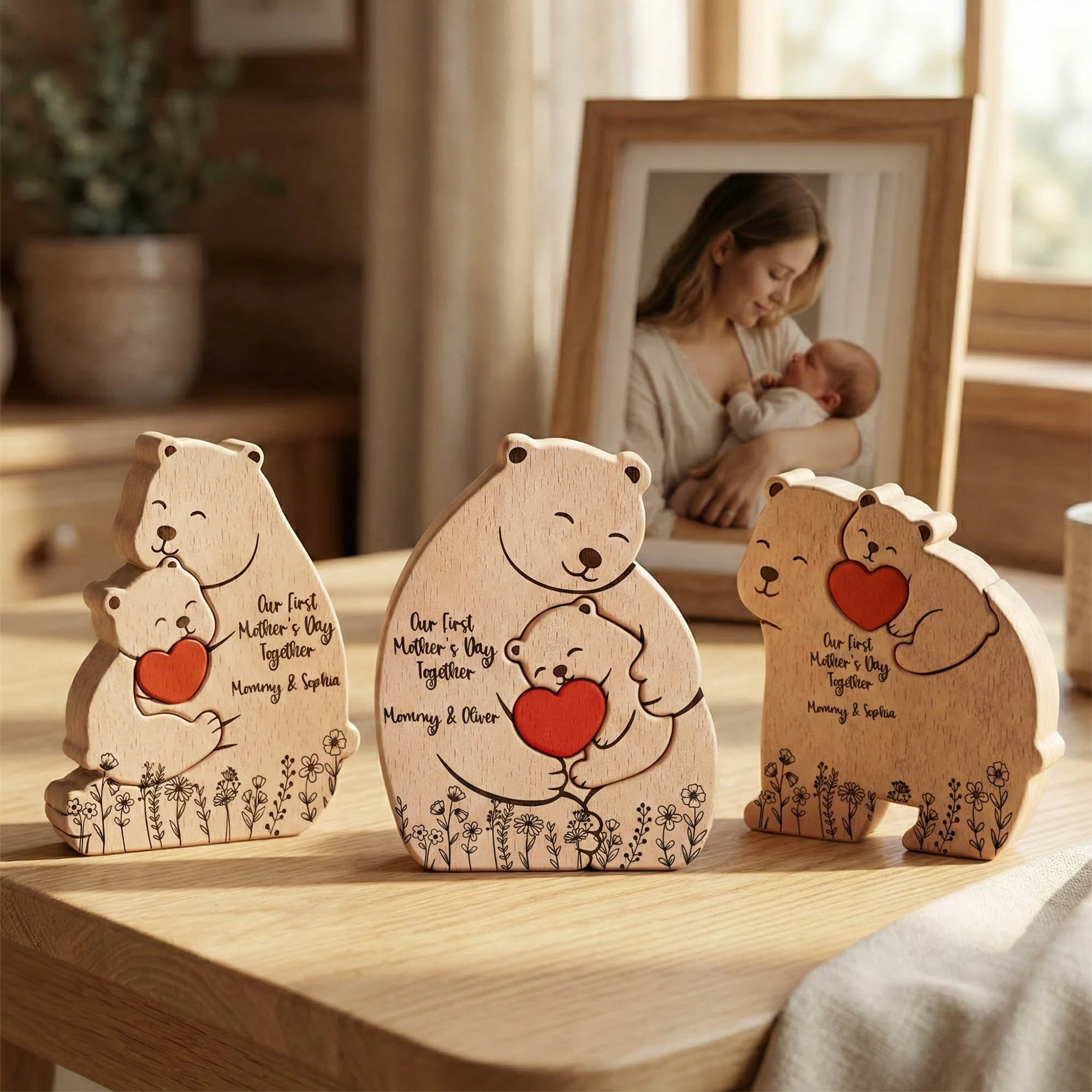 Custom First Mother's Day Bear Parent & Baby Puzzle with Name, Wooden Family Keepsake, Birthday/Mother's Day/Father's Day Gift for Mom/Dad/Family