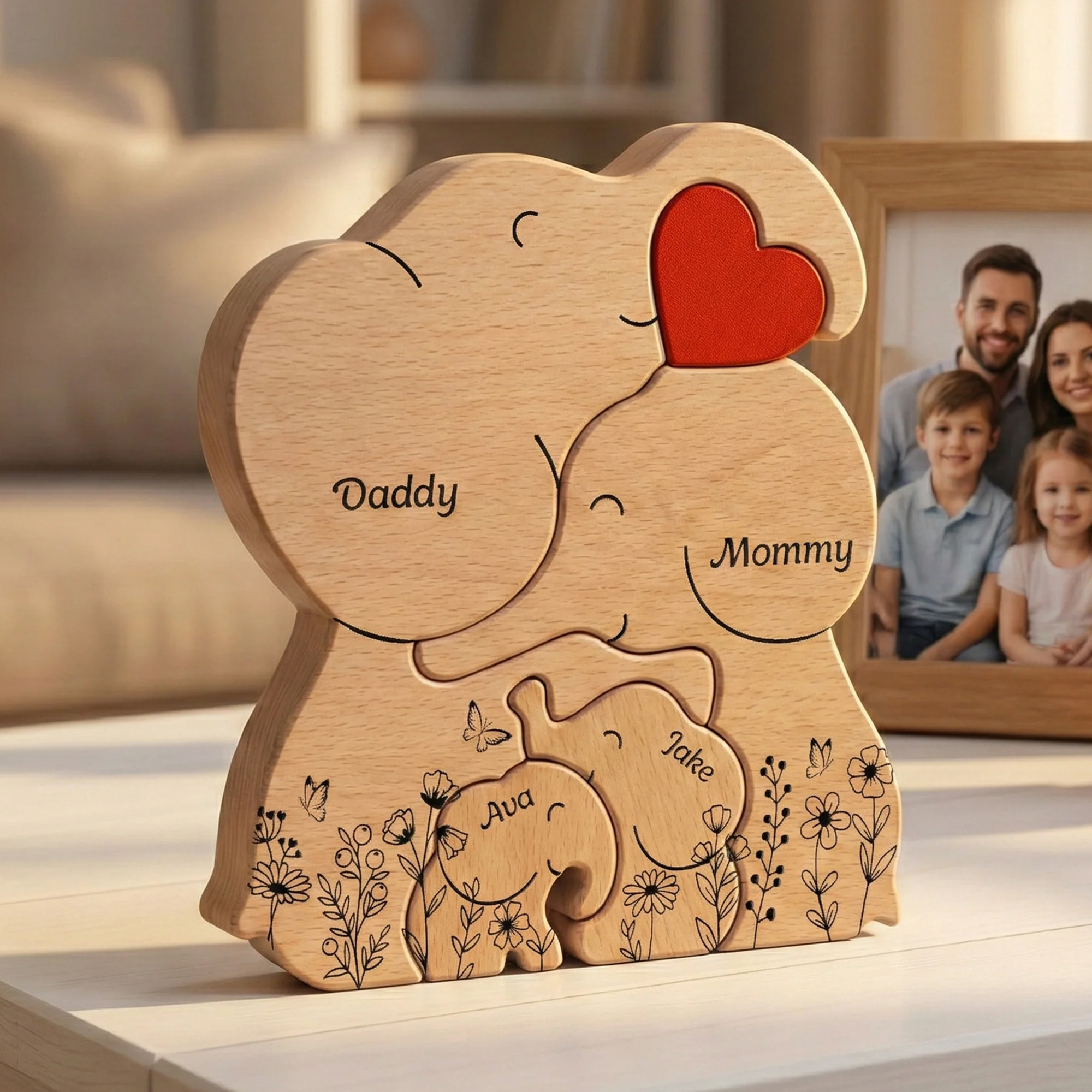 Custom Hugging Elephant Parents & Kids Puzzle with 2-6 Names, Wooden Home Decor, Family Keepsake, Birthday/Mother's Day Gift for Mom/Grandma/Family