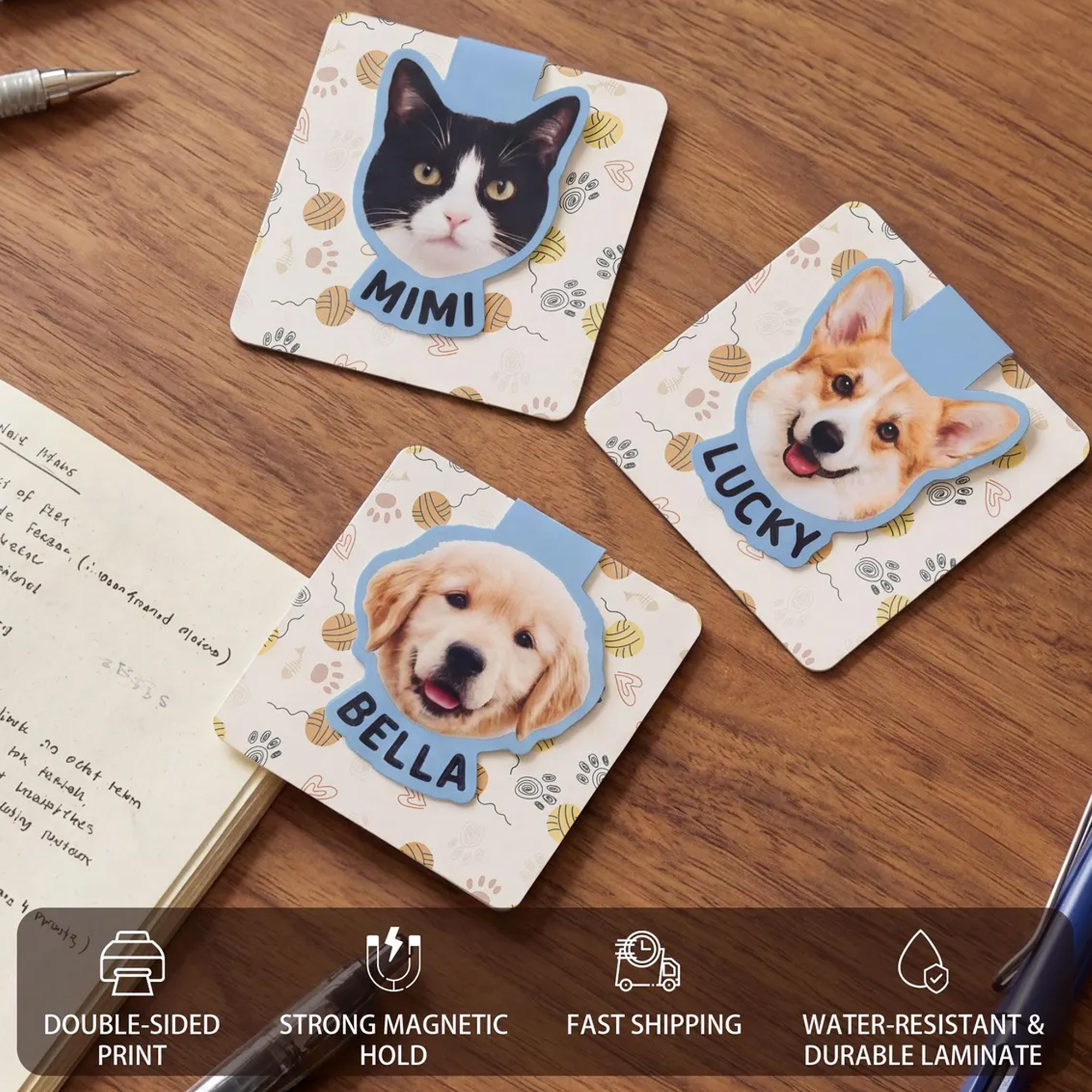 Personalized Pet Photo Magnetic Bookmark with Name, Dog/Cat Portrait Page Marker, Reading Accessory, Birthday Gift for Book Lovers/Women/Students