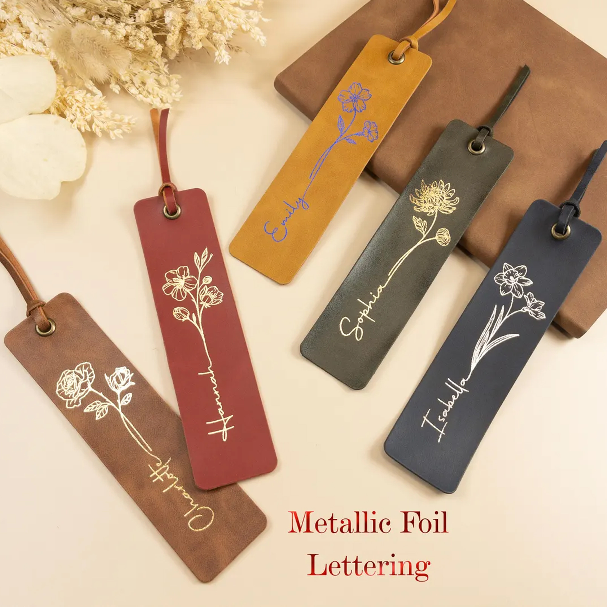 Personalized Birth Flower Bookmark with Name, PU Leather Vintage Floral Page Marker, Book Accessory, Birthday Gift for Book Lovers/Readers/Students