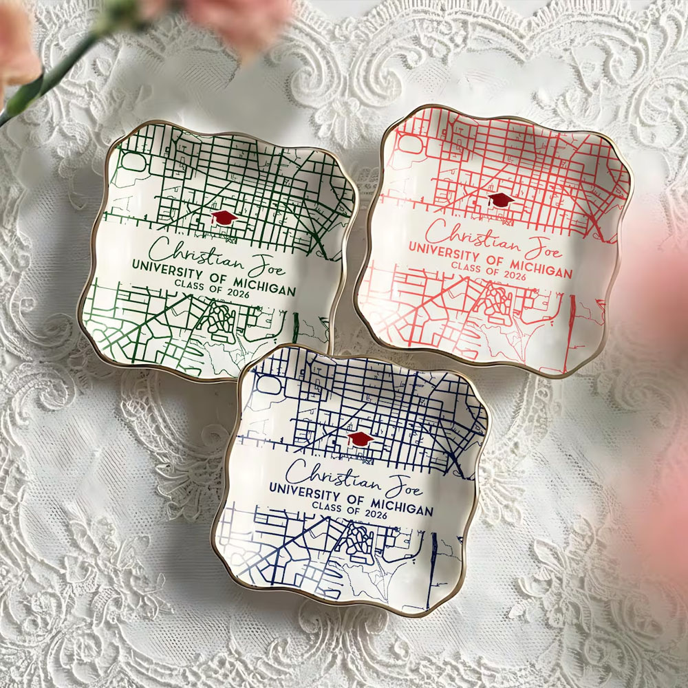 Personalized Campus Map Graduation Jewelry Dish with Name, Ceramic University Blueprint Memory Tray, Graduation Keepsake, Gift for Graduates/Her