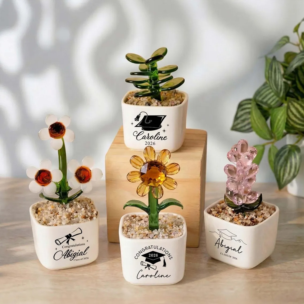 Personalized Colorful Graduation Everlasting Glass Flower Planter with Name, Hand Blown High School/College Floral Pot, Home Decor, Gift for Graduates