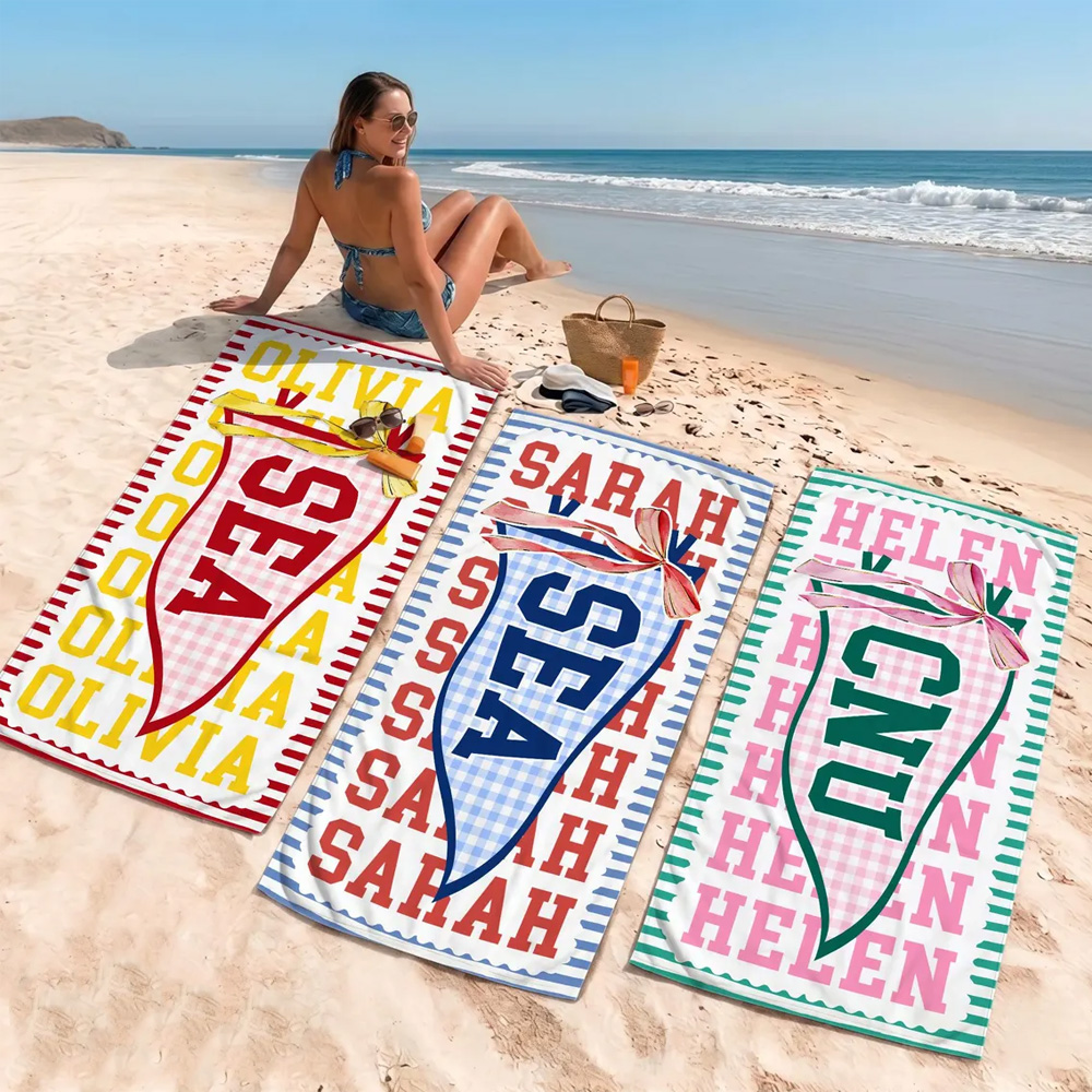 Personalized Name College Pennant Flag Design Beach Towel, Vintage Multicolor Quick Dry Bath Towel, Vacation/Pool Party Favor, Gift for Graduates/Her