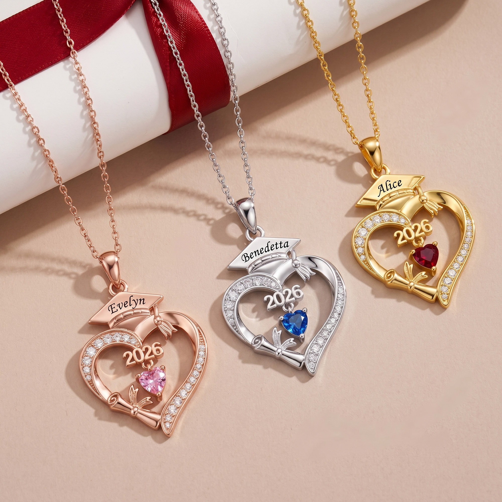 Personalized Heart Pendant Graduation Cap Necklace with Birthstone, Dainty Class of 2026 Ceremony Jewelry, Memory Gift for Girls/Senior Graduates