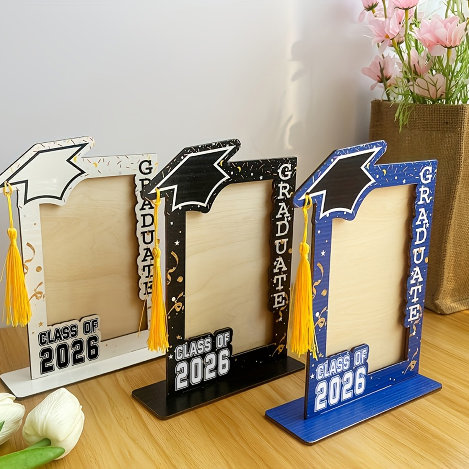 Personalized Modern Wooden TX Graduation Cap Photo Frame, High School/College Keepsake, Ceremony Party Decor, Celebration Gift for Graduates