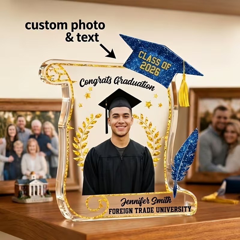 Personalized Scroll Design Acrylic Graduation Plaque with Photo & Name, Clear Picture Frame, High School/College Memorial Keepsake, Gift for Graduates