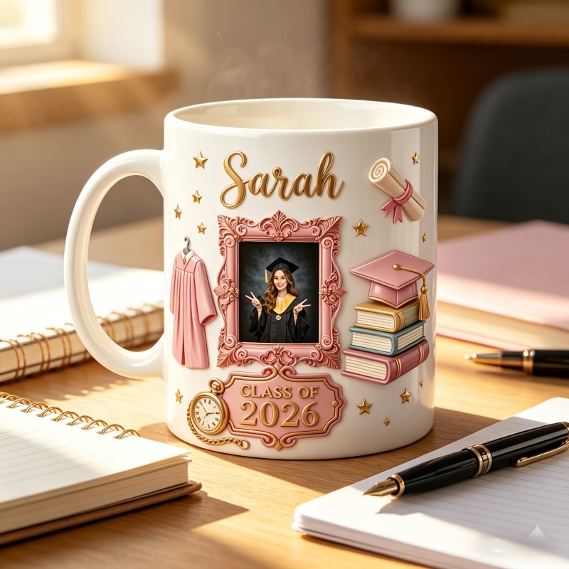 Personalized Name & Photo Cute 3D Effect Grad Frame Design Mug, Ceramic Coffee Tea Mug, Souvenir Keepsake, Gift for High School/College Graduates/Her