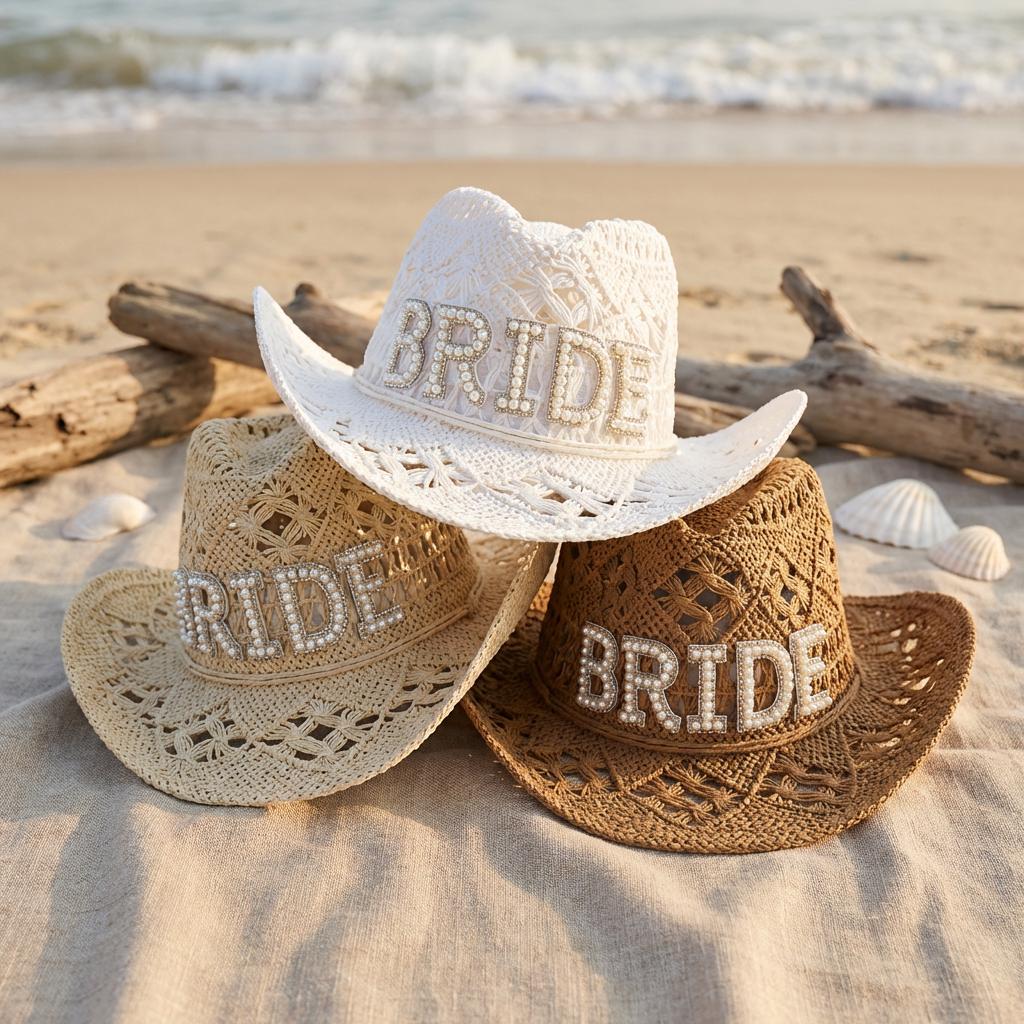 Personalized Straw Cowboy Hat with Pearl & Rhinestone Initials, Boho Bridal Sun Hat, Bach Party Accessory, Wedding/Bridal Shower Gift for Bride to Be