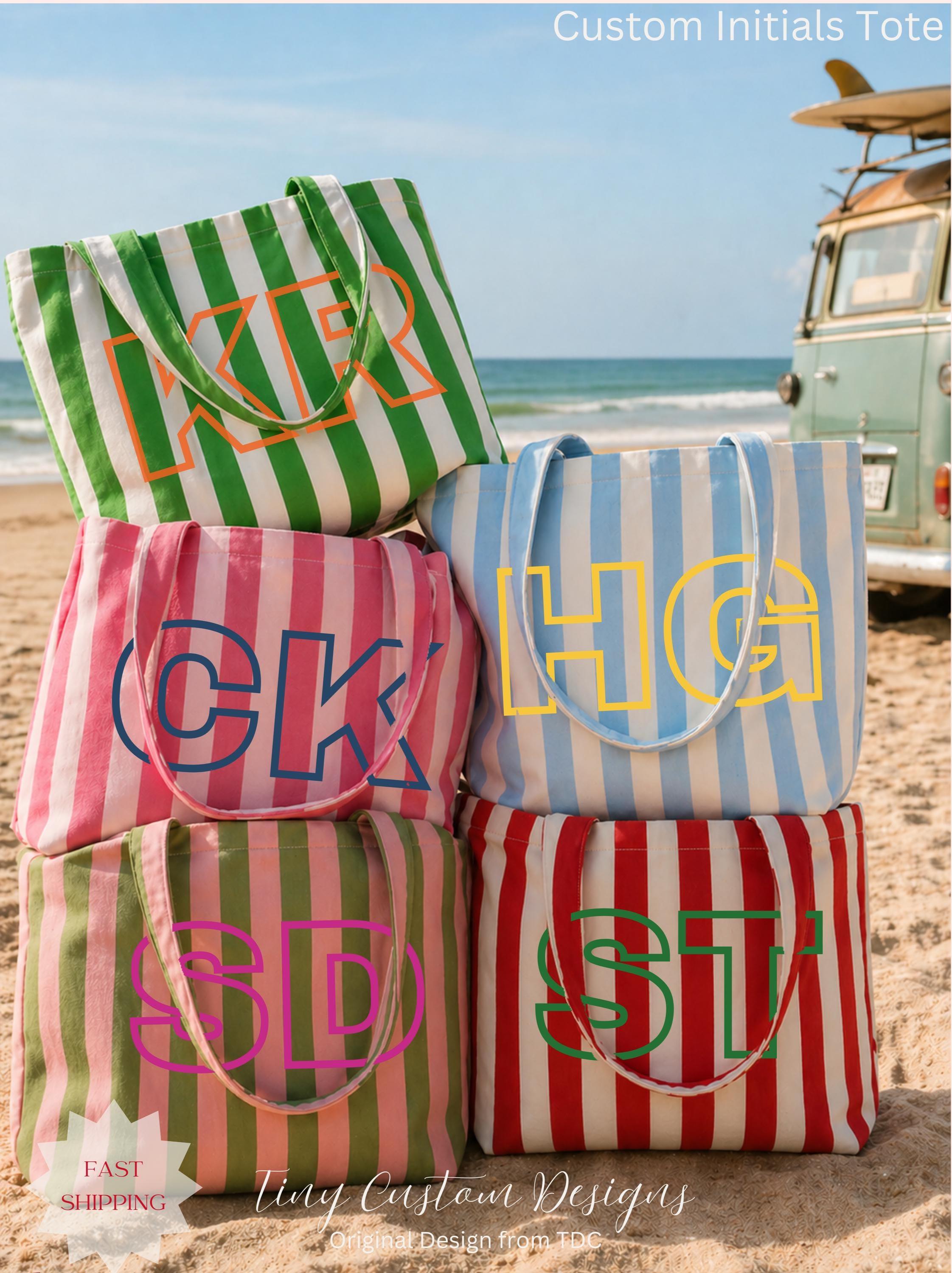 Personalized Striped Tote Bag with Monogram, Lightweight Cotton Shoulder Bag, Travel Accessories, Wedding/Beach Gift for Brides/Best Friends