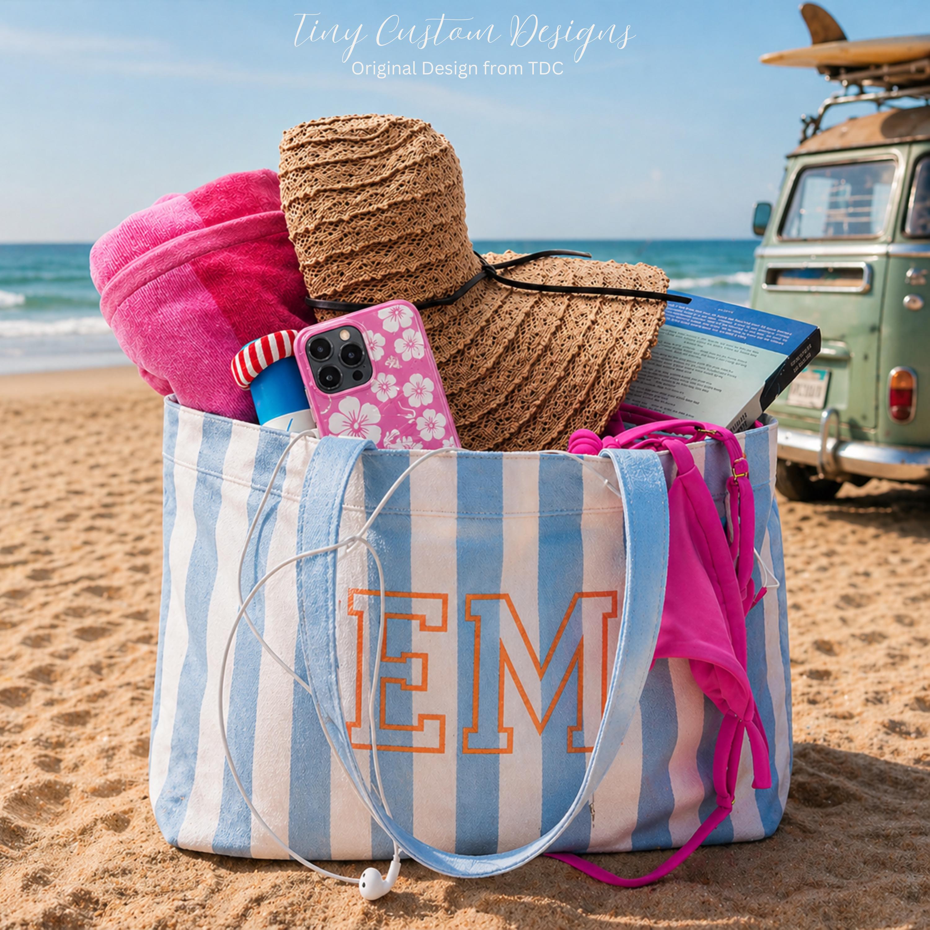 Personalized Striped Tote Bag with Monogram, Lightweight Cotton Shoulder Bag, Travel Accessories, Wedding/Beach Gift for Brides/Best Friends