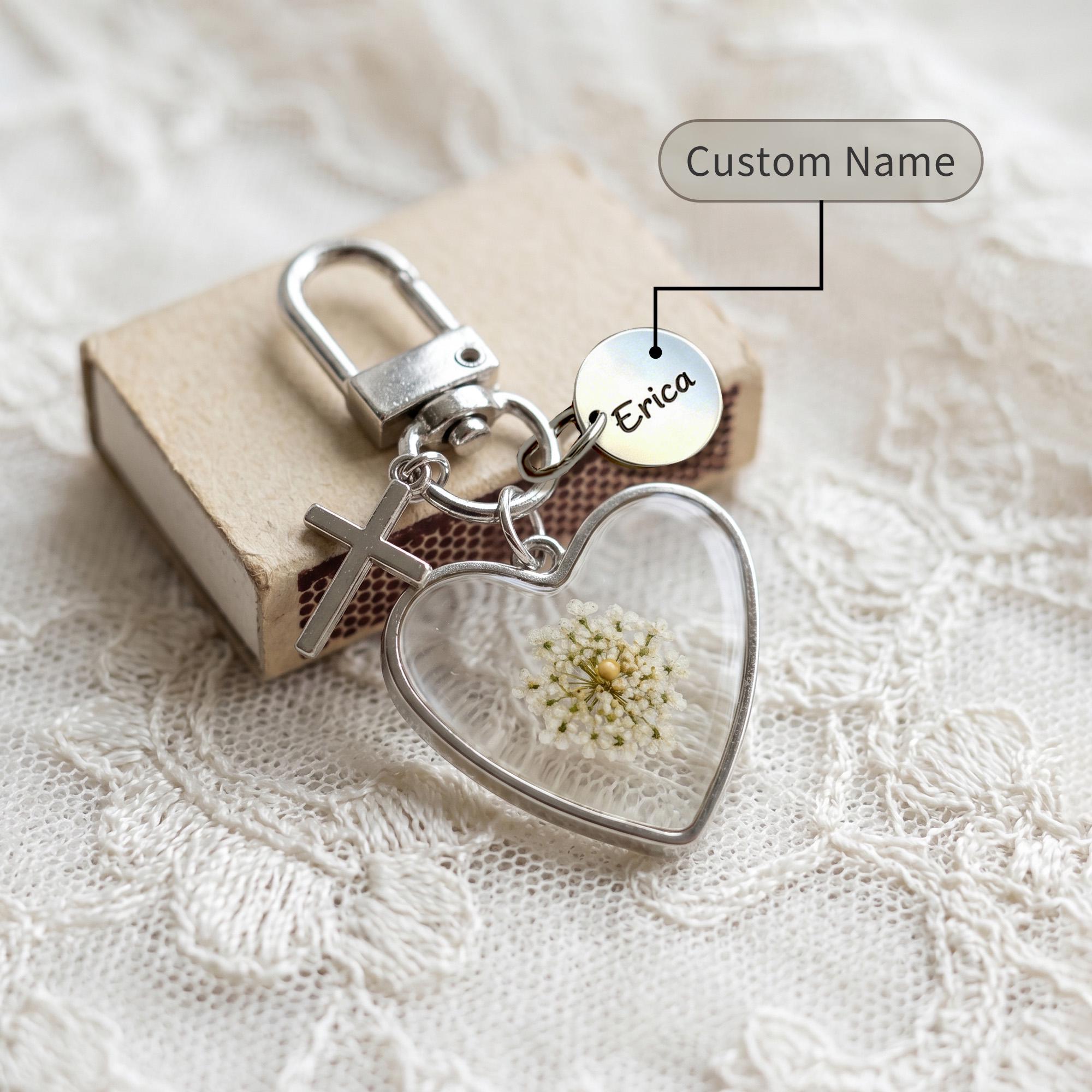 Personalized Mustard Seed Heart Keychain with Name Disc, Christian Cross Keyring, Bag Accessories, Baptism/Confirmation Gift for Women/Men/Family