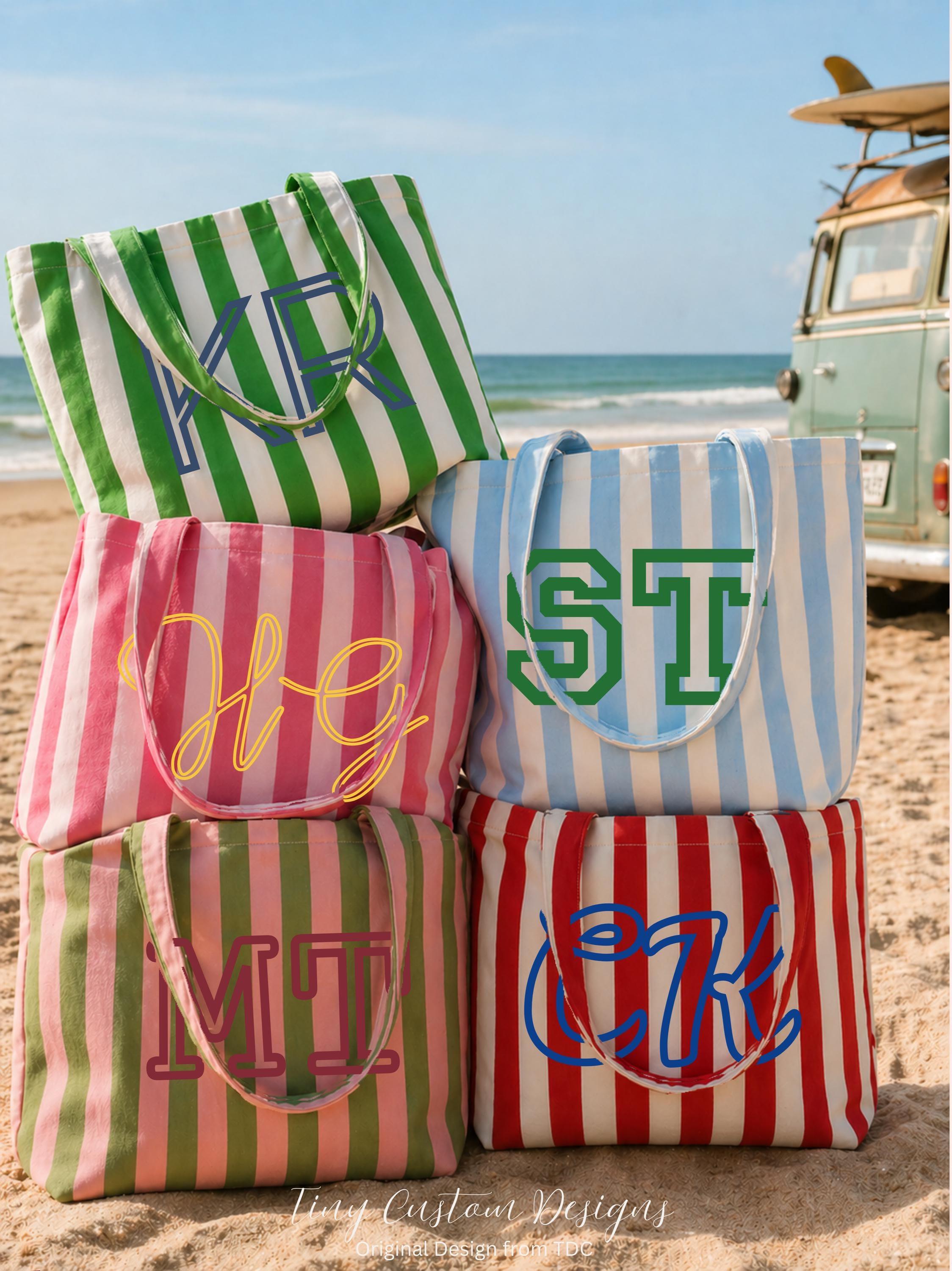 Personalized Striped Tote Bag with Monogram, Lightweight Cotton Shoulder Bag, Travel Accessories, Wedding/Beach Gift for Brides/Best Friends