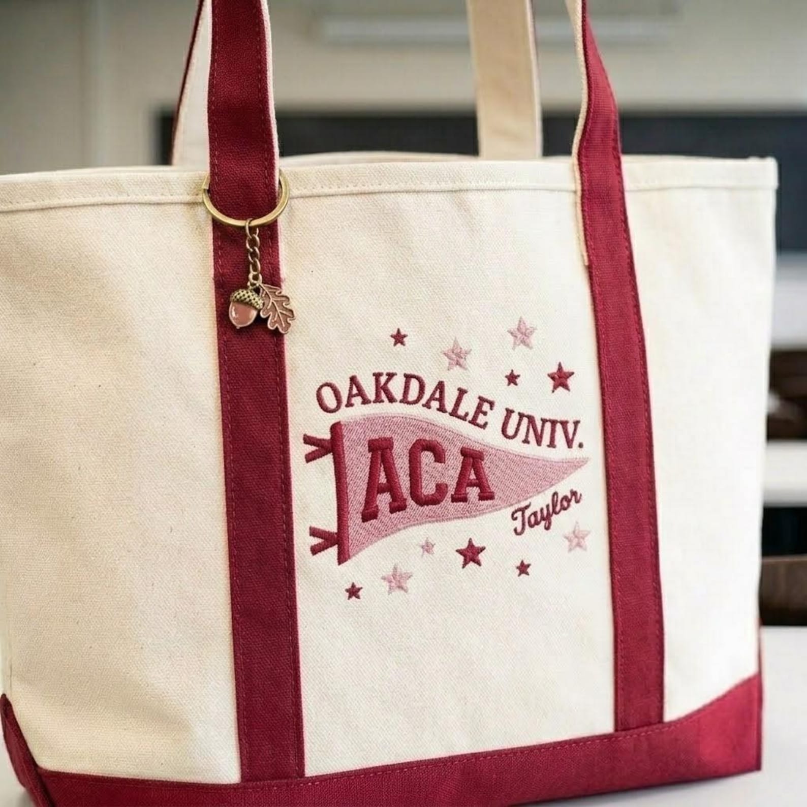 Personalized Embroidered College Pennant Boat Tote Bag with Name, School Spirit Canvas Handbag, Class of 2026 Graduation Keepsake, Gift for Graduates