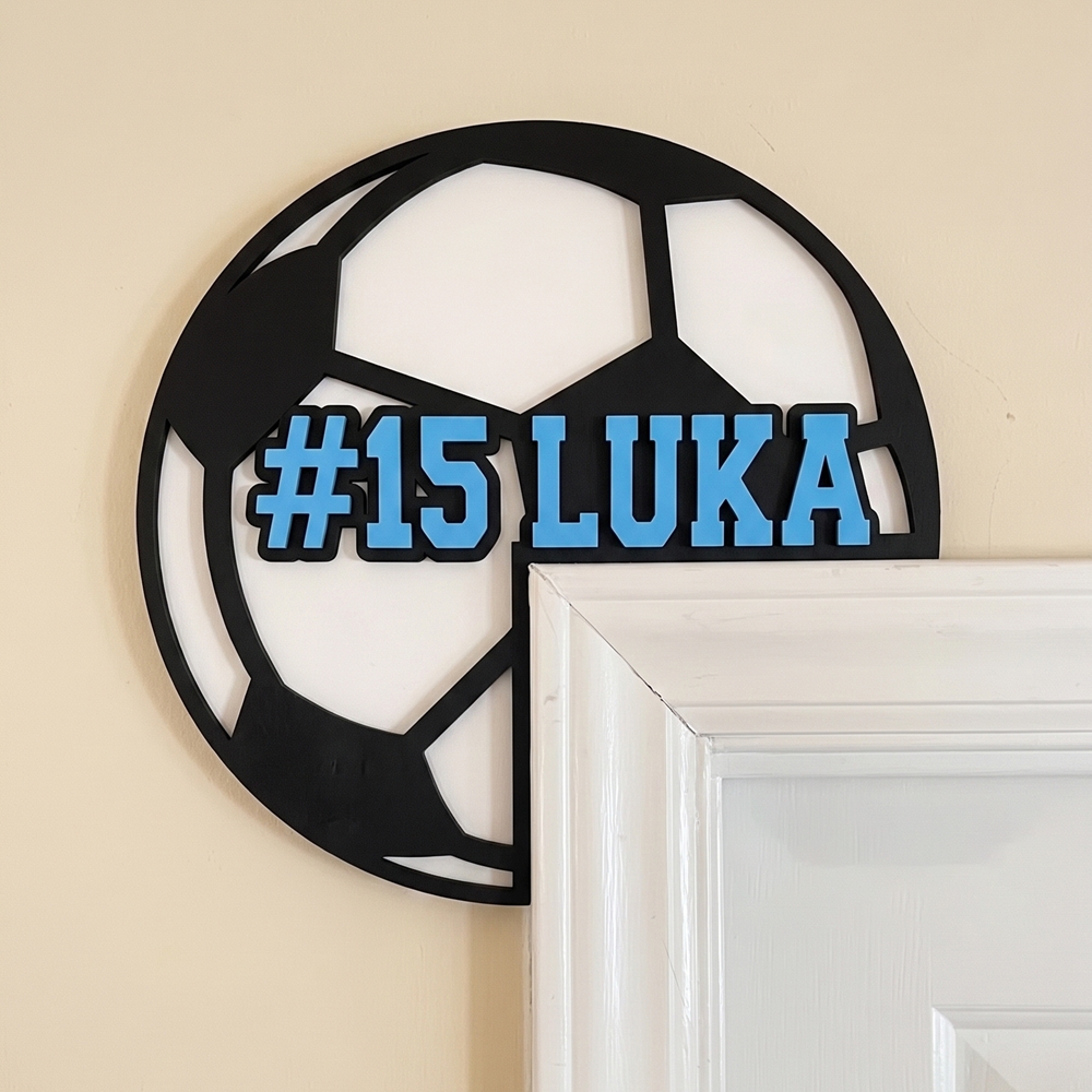 Personalized Sports Ball Corner Door Frame Topper Sign with Name & Number, Wooden Layered Wall Bedroom Corner Sign, Gift for Sport Fans/Teens/Boys