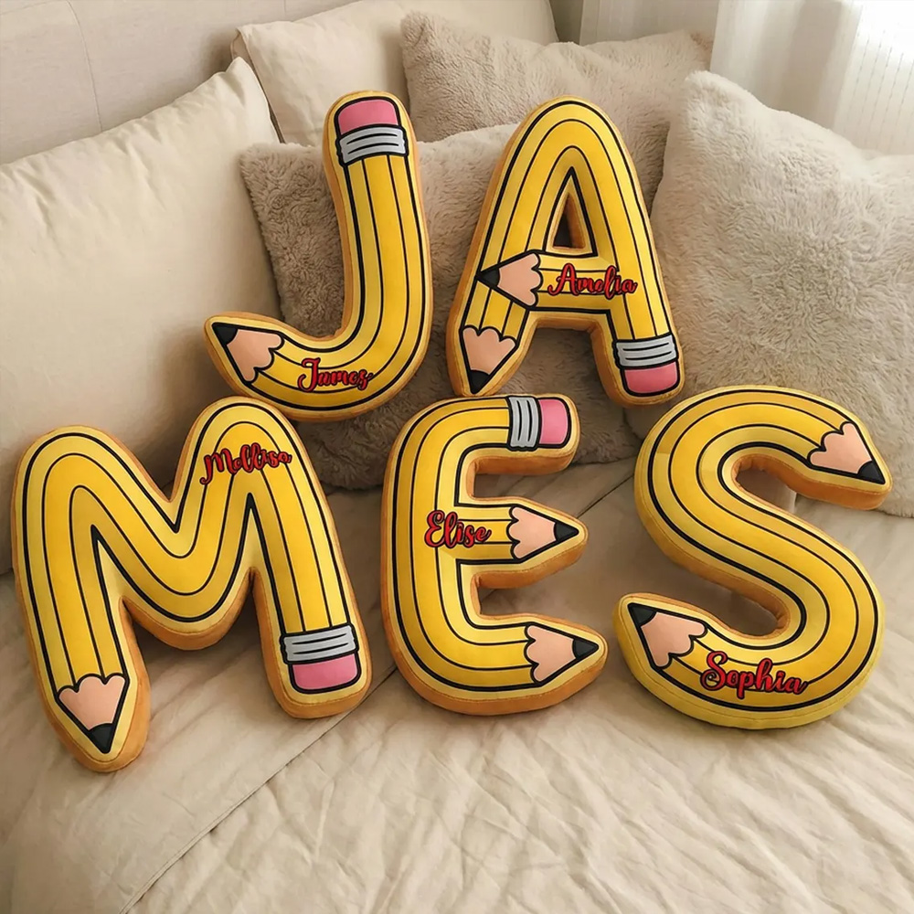 Custom Pencil Letter Plush Pillow with Name, Cute Alphabet Shaped Soft Fluffy Stuffed Cushion, Bedroom Decor, Back to School Gift for Kids/Boys/Girls