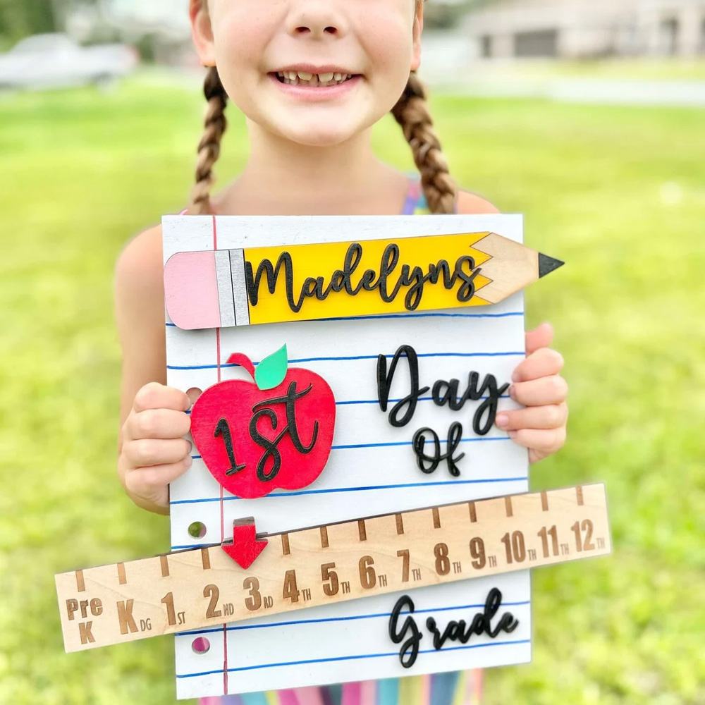 Custom Interchangeable First Day of School Wooden Sign with Name, Pre-K to 12th Grade Ruler Slider Photo Prop, Kid Milestone Keepsake, Gift for Kids