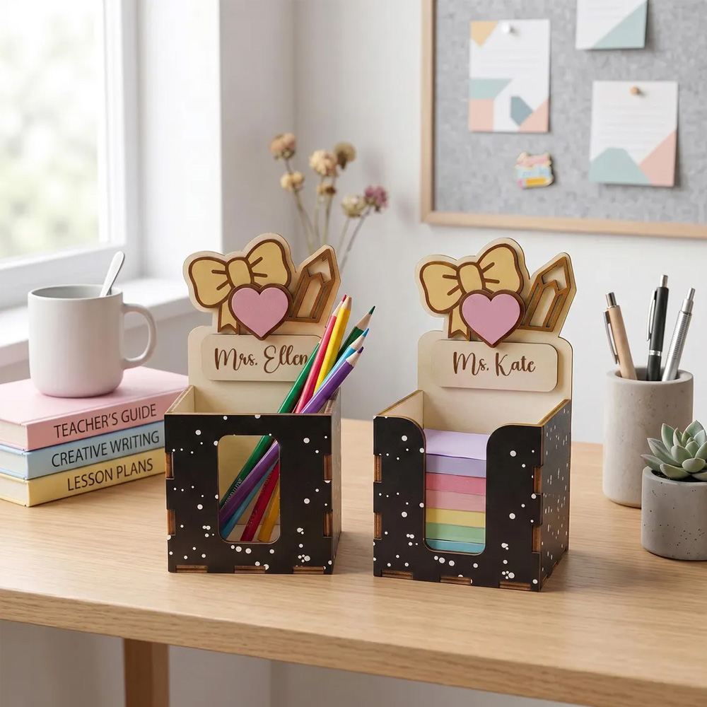 Personalized Polka Dot Teacher Wooden Desk Caddy with Name, Pen & Sticky Note Storage Organizer, Classroom Desk Decor, Appreciation Gift for Educators