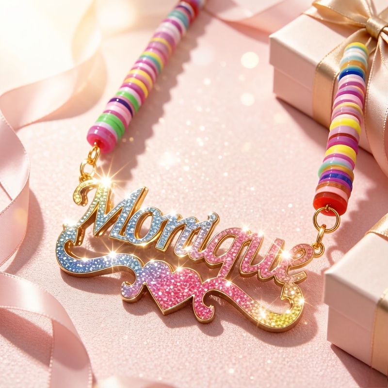 Personalized Rainbow Gradient Glitter Beaded Name Necklace, Sparkle Colorful Cursive Letter Pendant Jewelry, Birthday Gift for Girls/Daughter/Teens