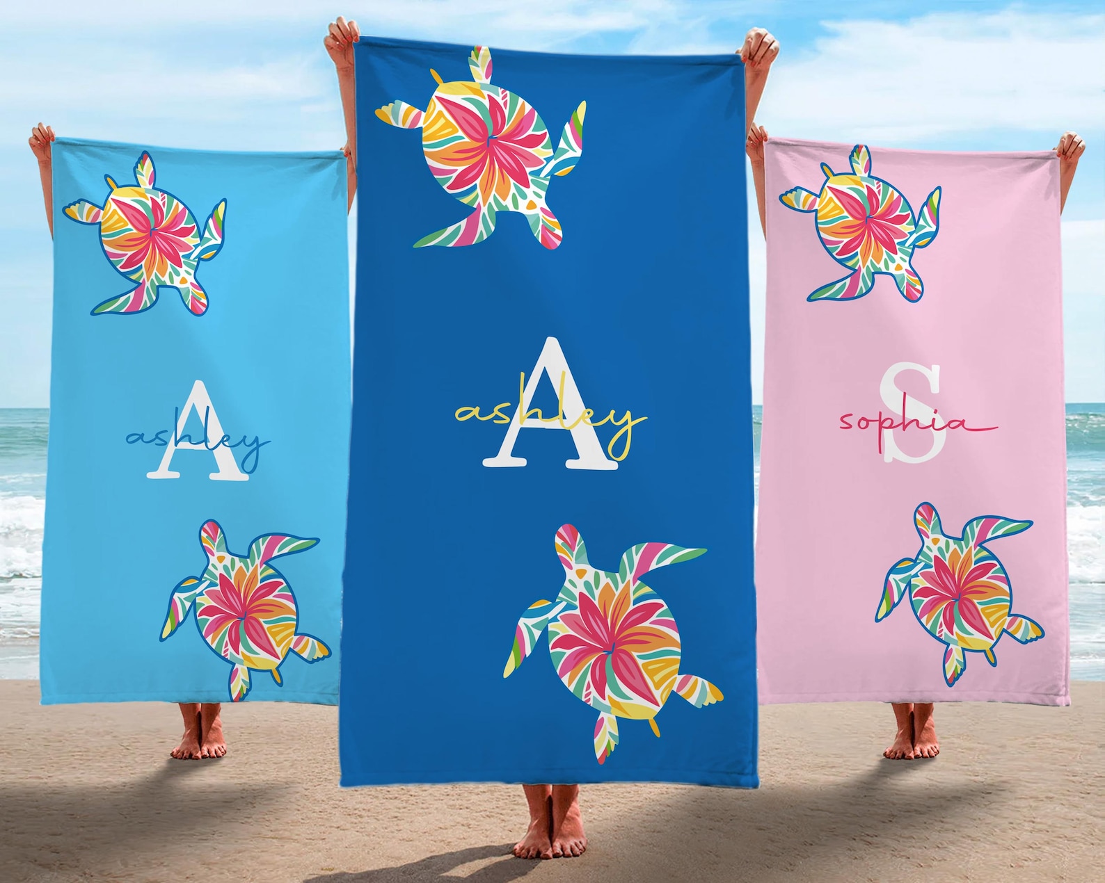 Personalized Tropical Floral Sea Turtle Beach Towel with Name, Sandproof Quick Dry Swim Towel, Summer Holiday Party Favor, Gift for Girls/Women