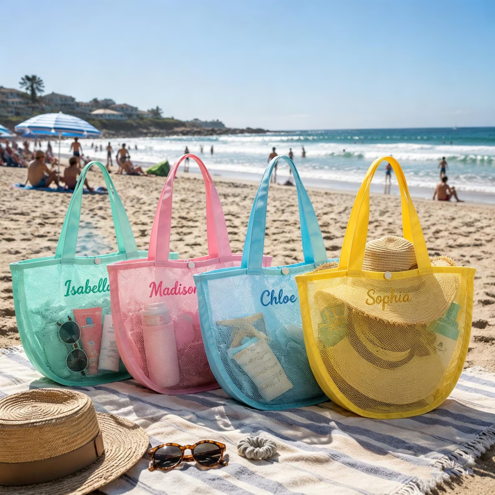 Personalized Mesh Beach Tote Bag with Name, Breathable Sandproof Swim Bag, Summer Vacation Essentials, Birthday/Wedding Gift for Her/Bridesmaids/Women