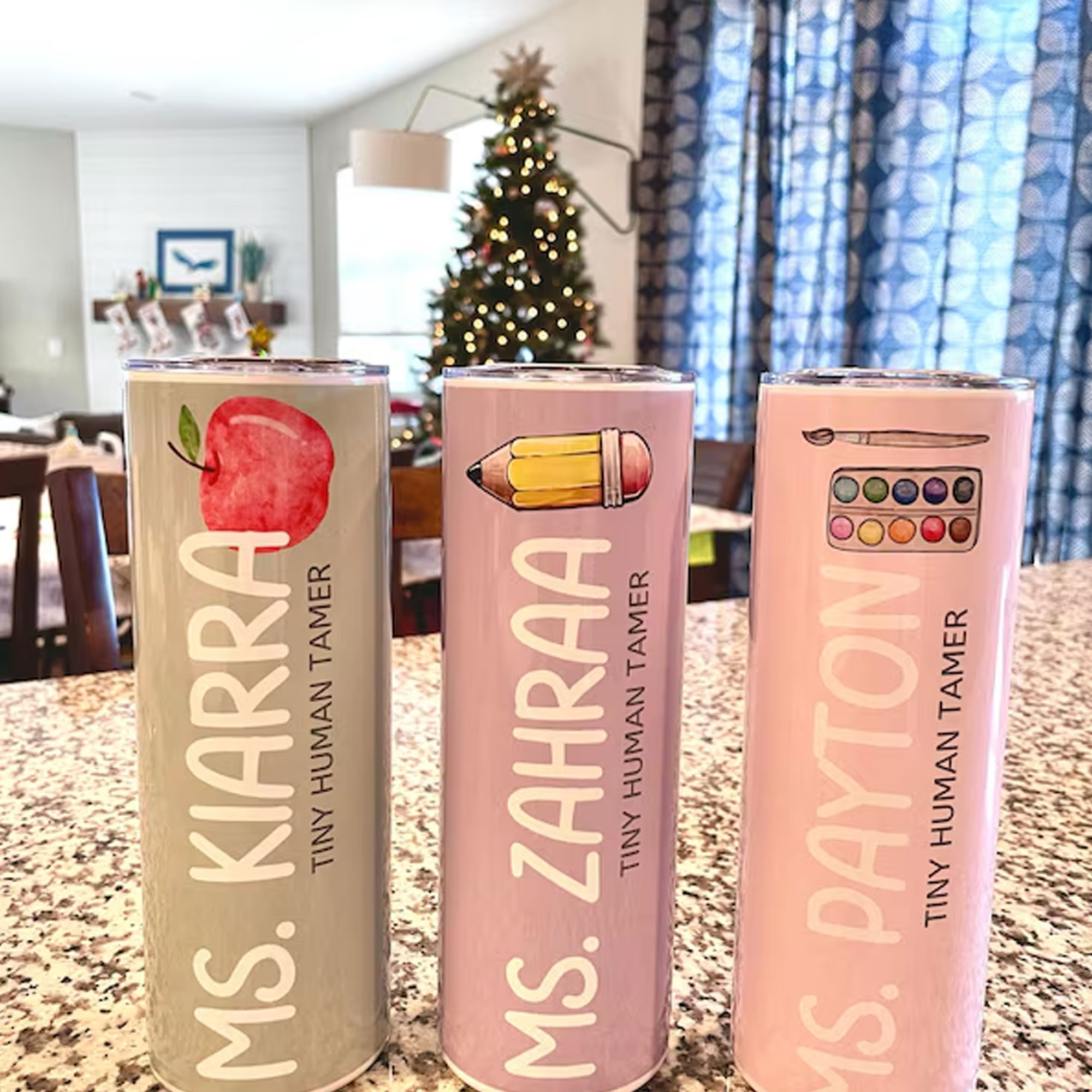 Custom Watercolor Teacher Skinny Tumbler with Name, 20oz Travel Coffee Cup with Lid & Straw, Appreciation/Back to School Gift for Teachers/Educators