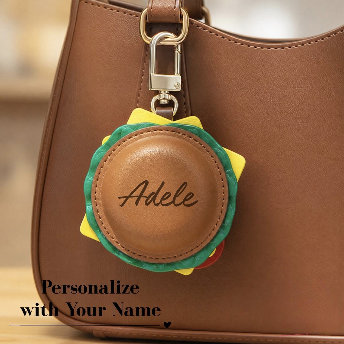 Custom 3D Hamburger Coin Purse Keychain with Name, Mini Leather Zipper Coin Earbuds Pouch, Daily Bag Charm, Birthday Gift for Girls/Besties/Friends