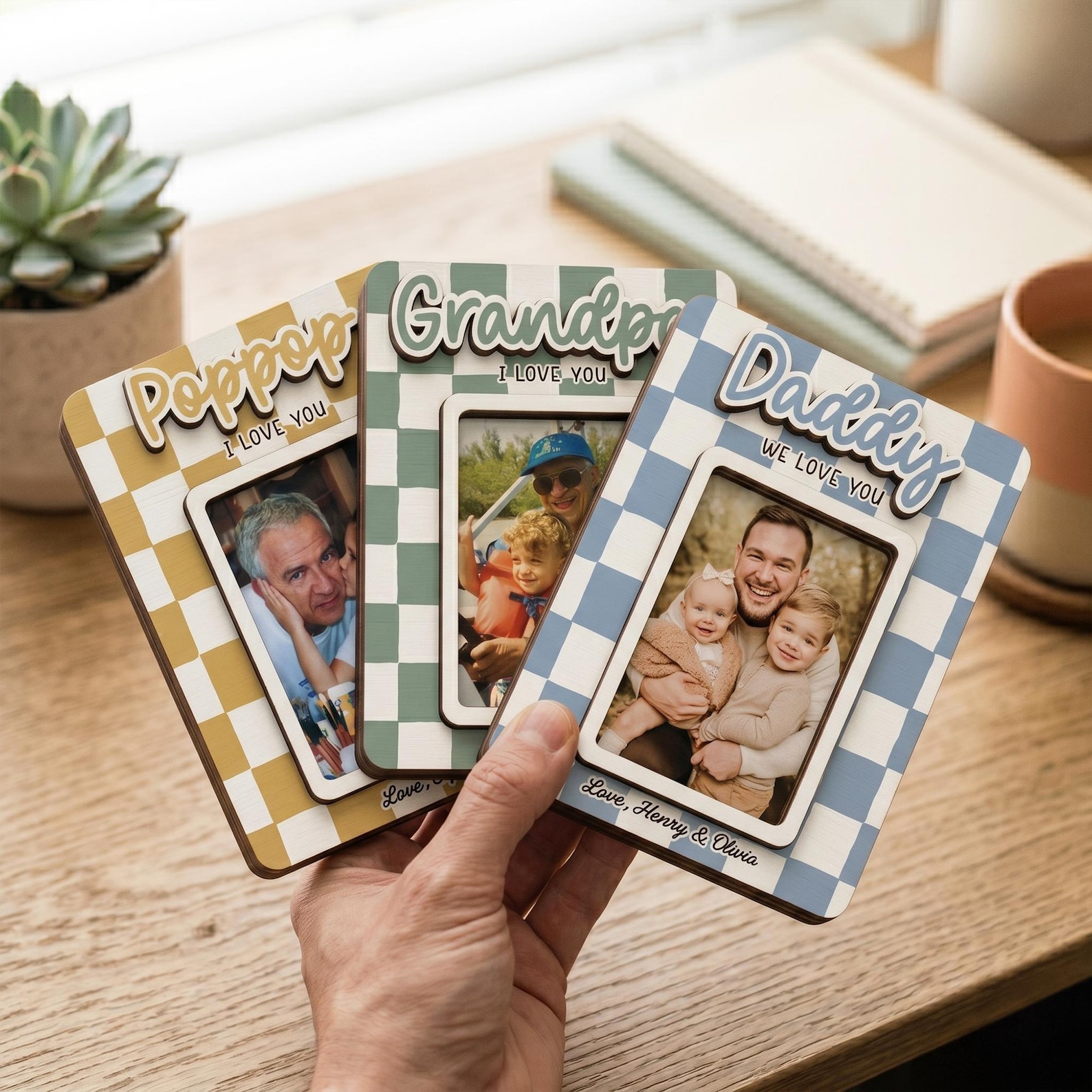 Custom Retro Checkerboard Wooden Photo Fridge Magnet/Visor Clip with Names, 3D Raised Family Picture Frame, Father’s Day/Birthday Gift for Dad/Grandpa