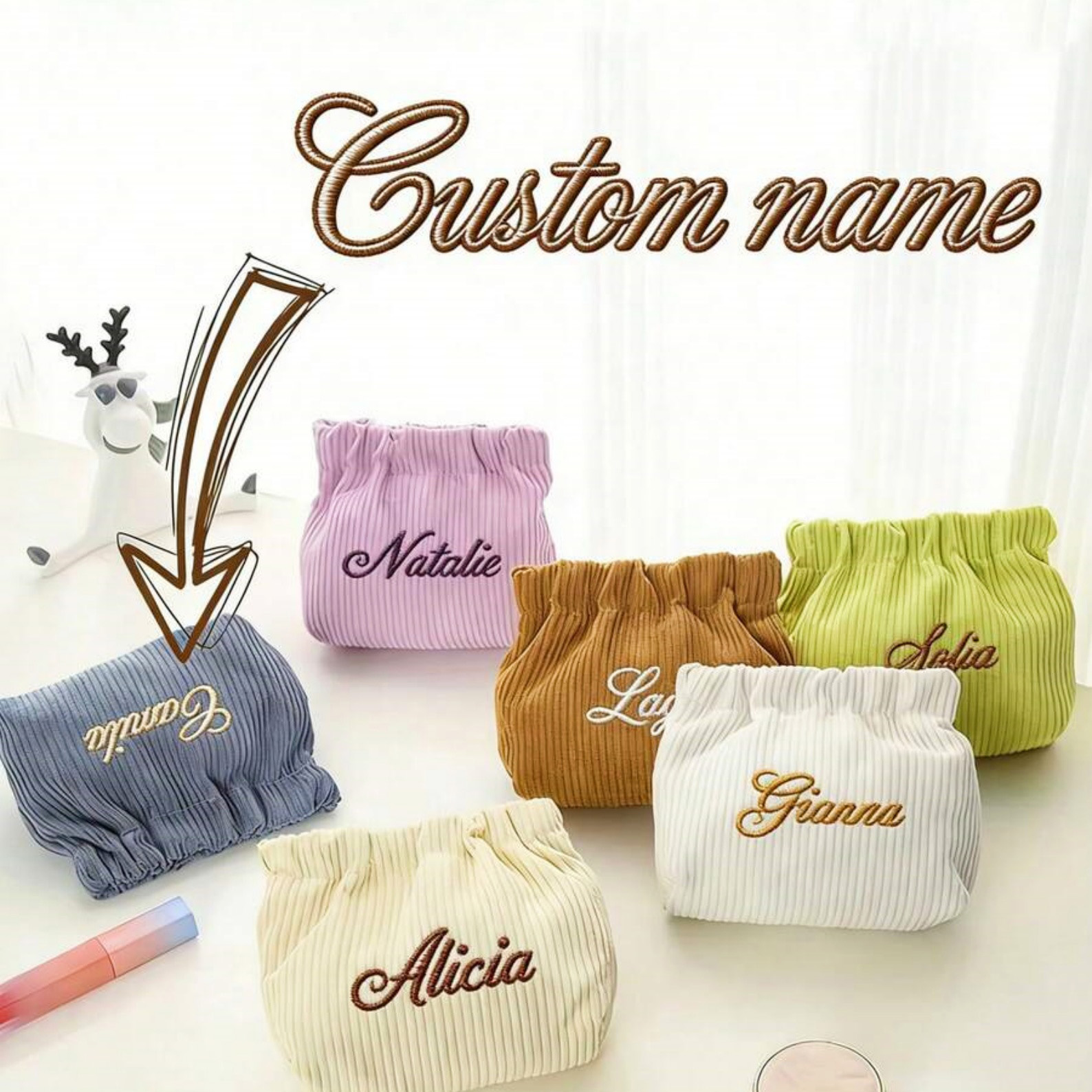 Custom Embroidered Name Corduroy Mini Cosmetic Bag, Portable Auto Spring Open Makeup Pouch, Travel Toiletry Storage Purse, Gift for Bridesmaid/Her