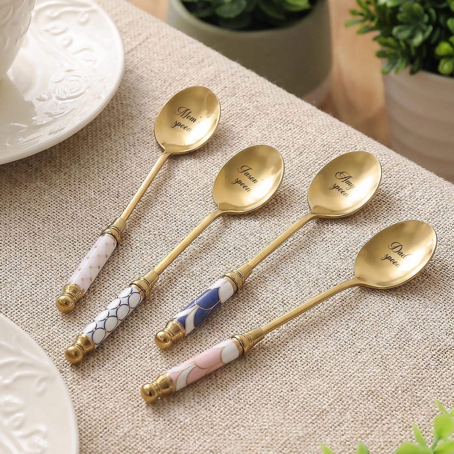 Personalized Engraved Birth Flower Golden Teaspoon with Name, Delicate Mini Coffee Dessert Spoon with Ceramic Handle, Housewarming Gift for Mom/Her