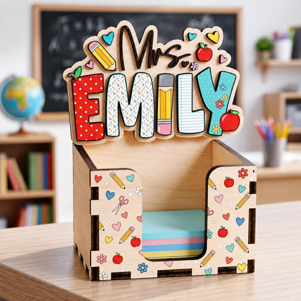Personalized Teacher Name Rainbow Pencil Sticky Note Holder, Wooden Cute Memo Cube Organizer, Classroom Desktop Decor, Appreciation Gift for Educators