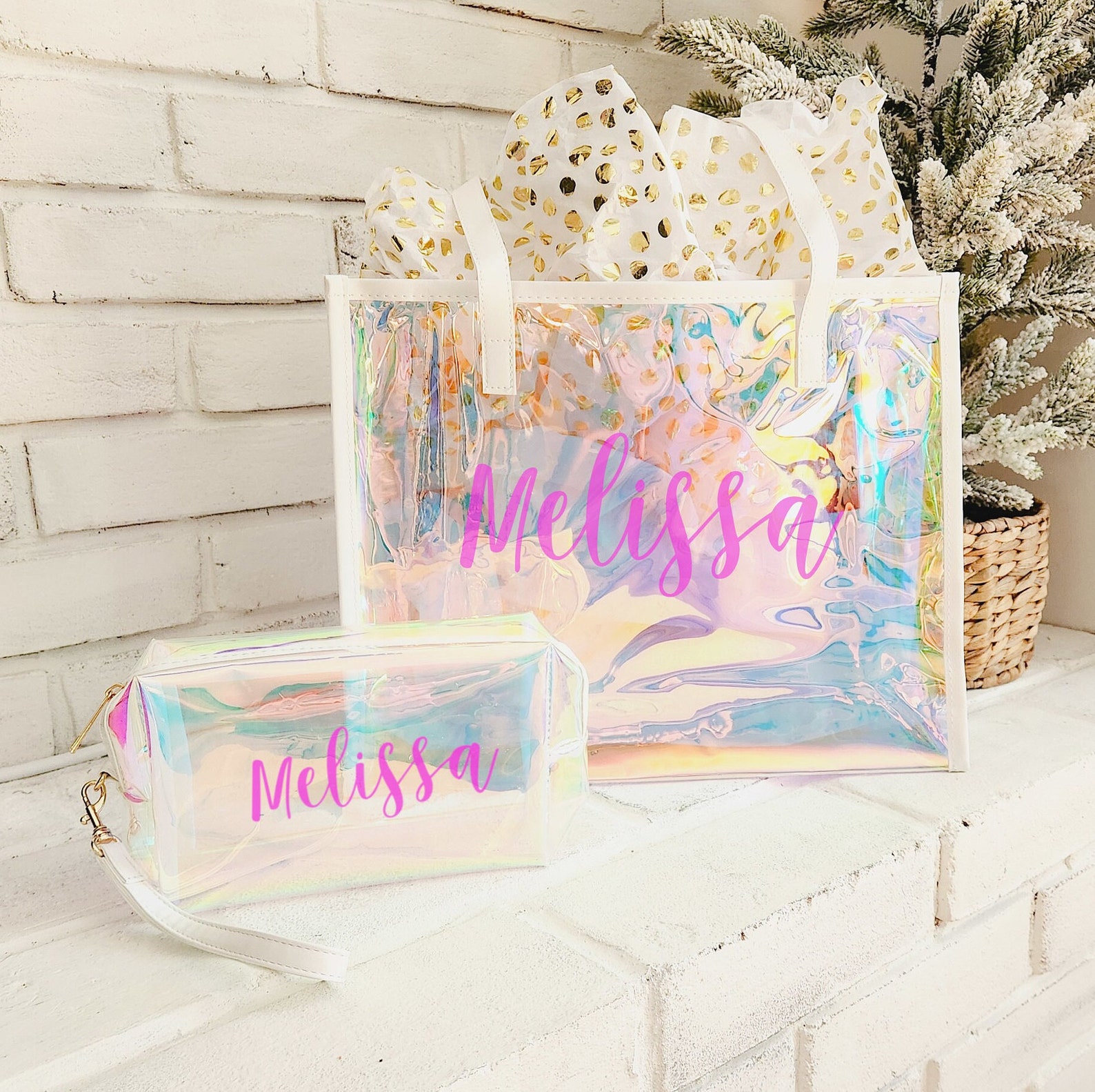 Custom Name Holographic Tote Bag & Makeup Pouch Set, PVC Waterproof Iridescent Travel Bag, Beach Vacation Party Favors, Gift for Girls/Besties/Her