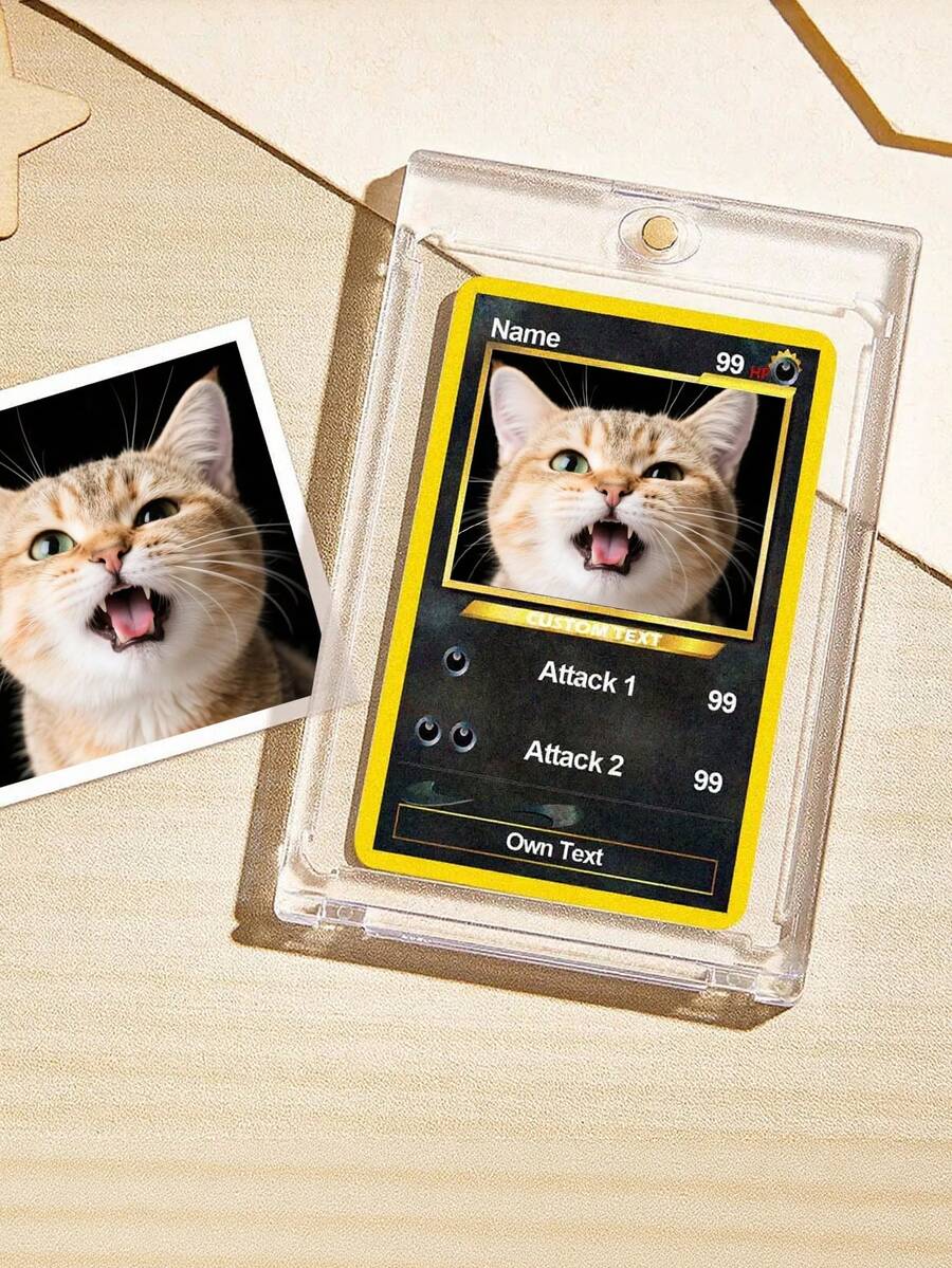 Personalized TCG Poke Pet Trading Card with Name, Funny Anime Style Cat/Dog Photo Game Card with PVC Protective Holder, Gift for Pet Owners/Lovers