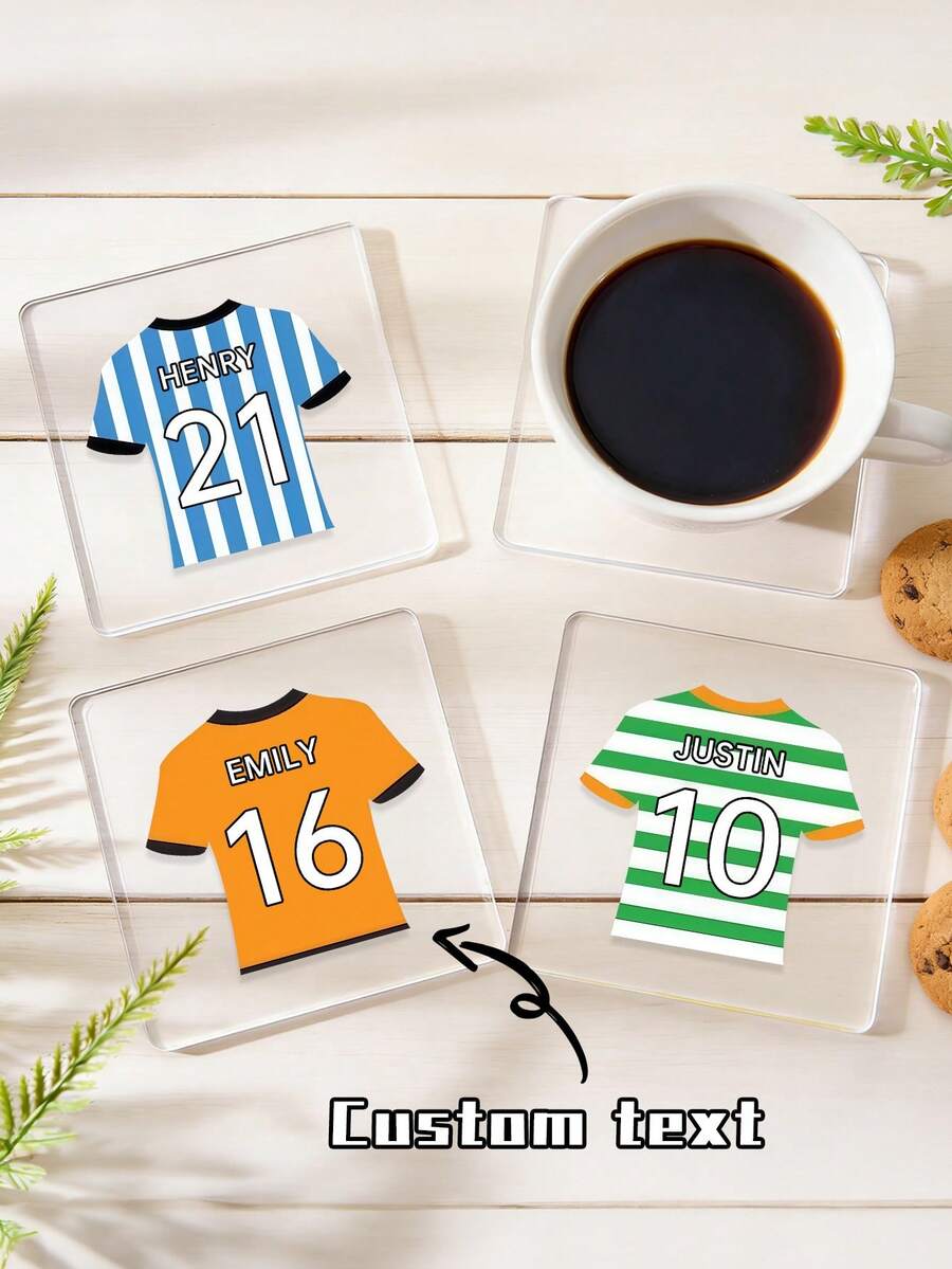 Custom Football Jersey Acrylic Coaster with Name & Number, Clear Striped Soccer Shirt Heat-Resistant Drink Coaster, Housewarming Gift for Soccer Fans