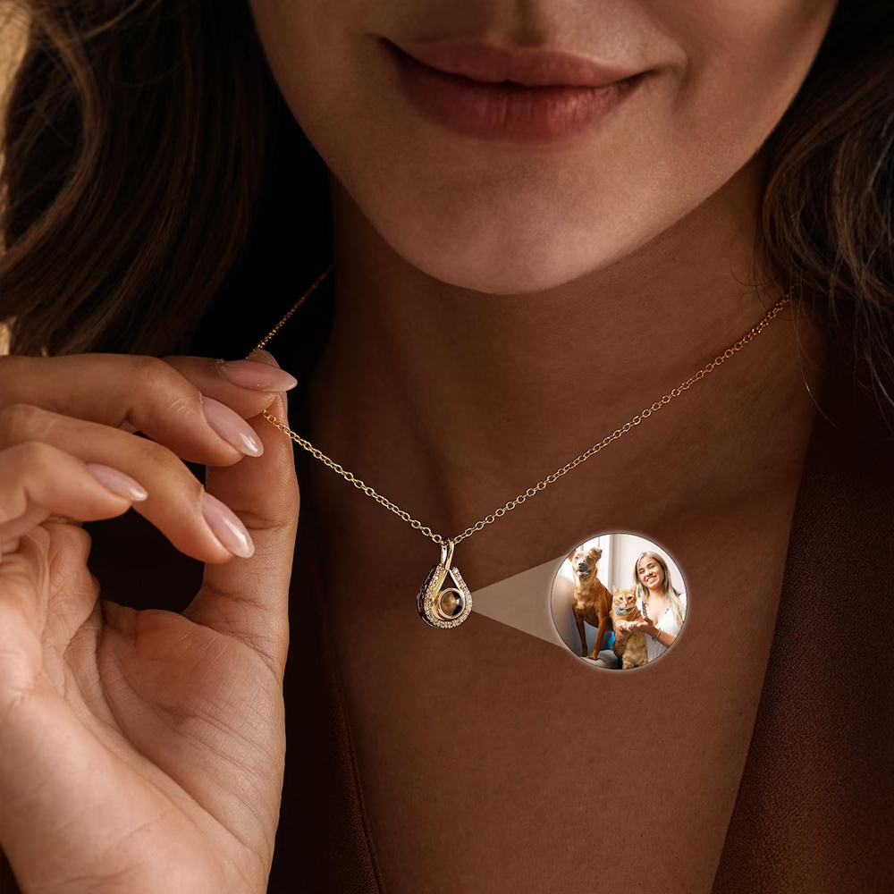 Personalized Photo Projection Teardrop Halo Necklace, Dainty Family Picture Pave CZ  Layering Pendant Jewelry, Birthday Gift for Mom/Wife/Women