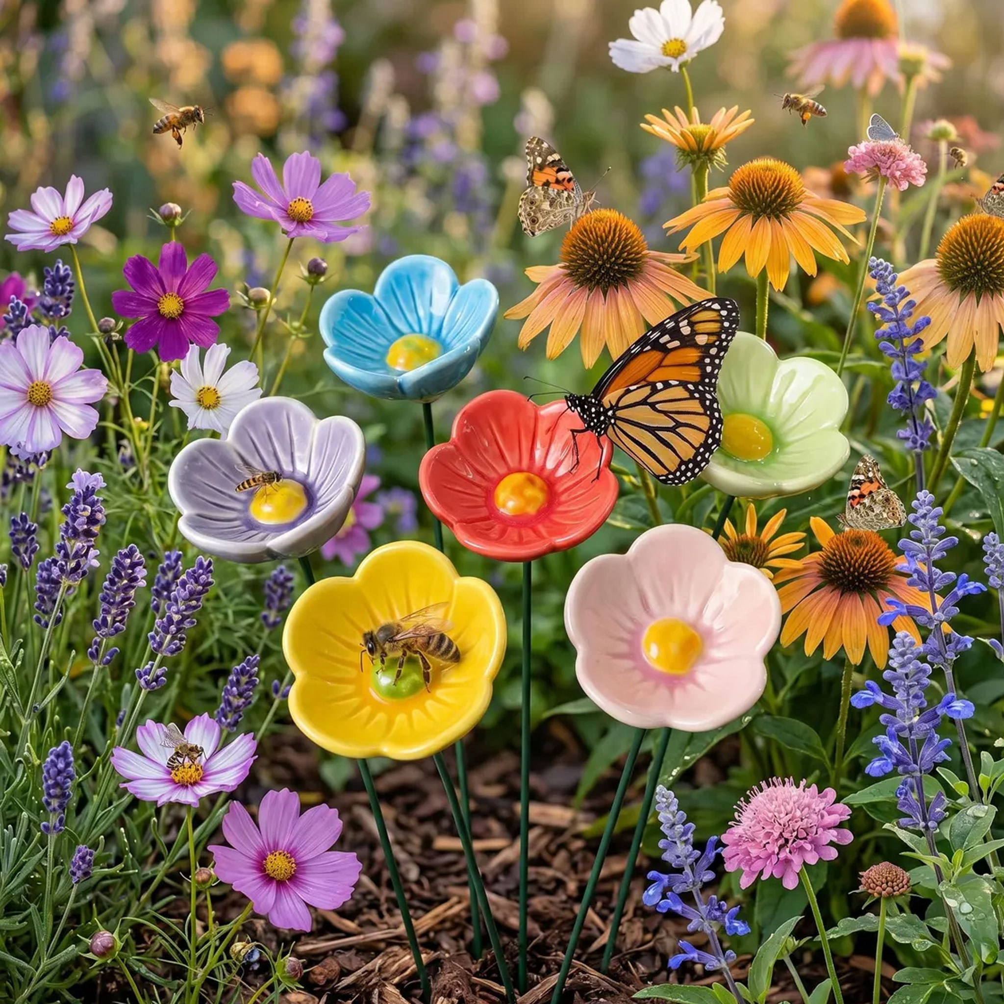 Ceramic Flower Bee Butterfly Water Feeder Garden Stake, Colorful Pollinator Water Station, Eco Wildlife Garden Decor, Gift for Gardeners/Plant Lovers