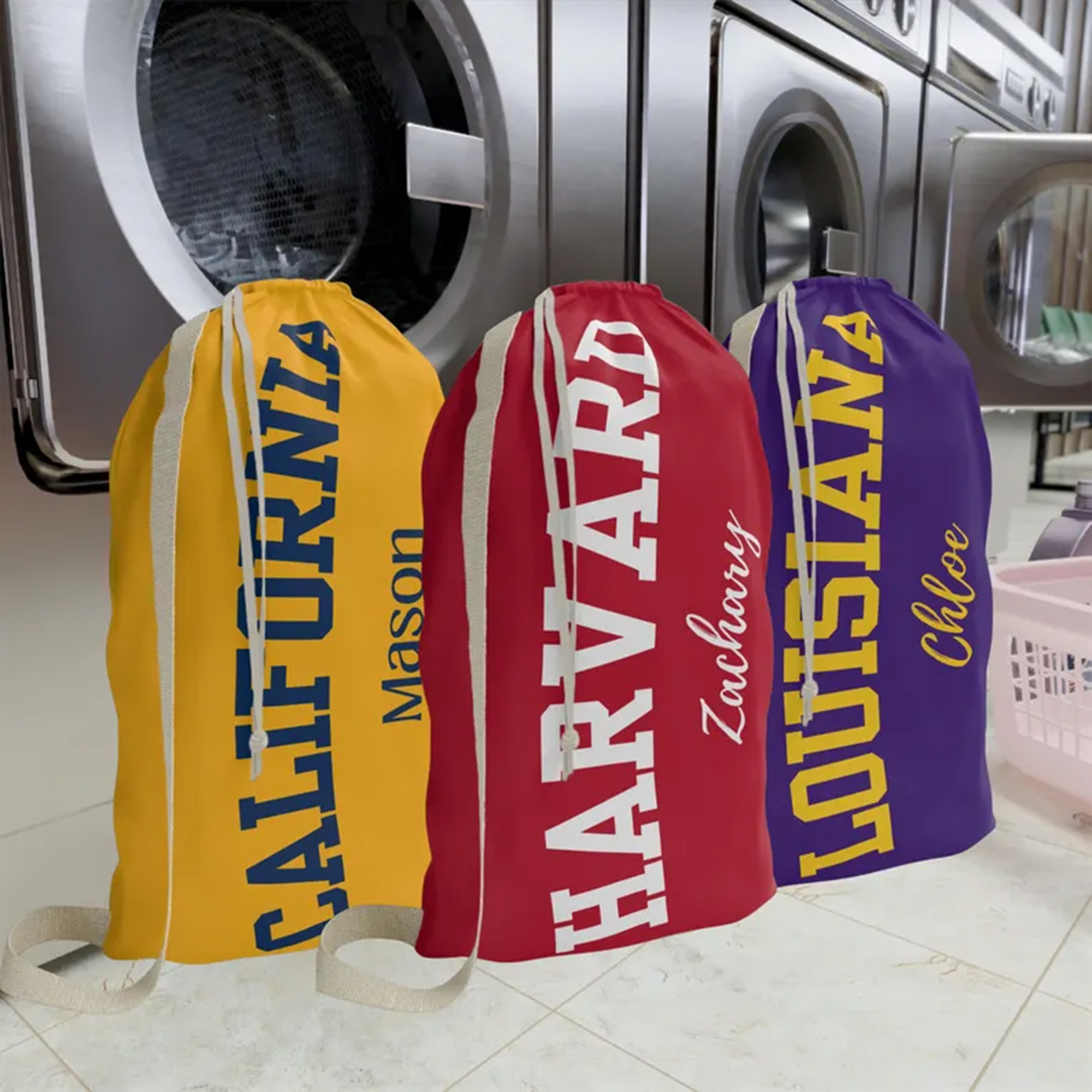 Custom University Drawstring Laundry Bag with Name, Varsity Washable Large Capacity Sack, College Dorm Essential, Back to School for Freshmen/Teens