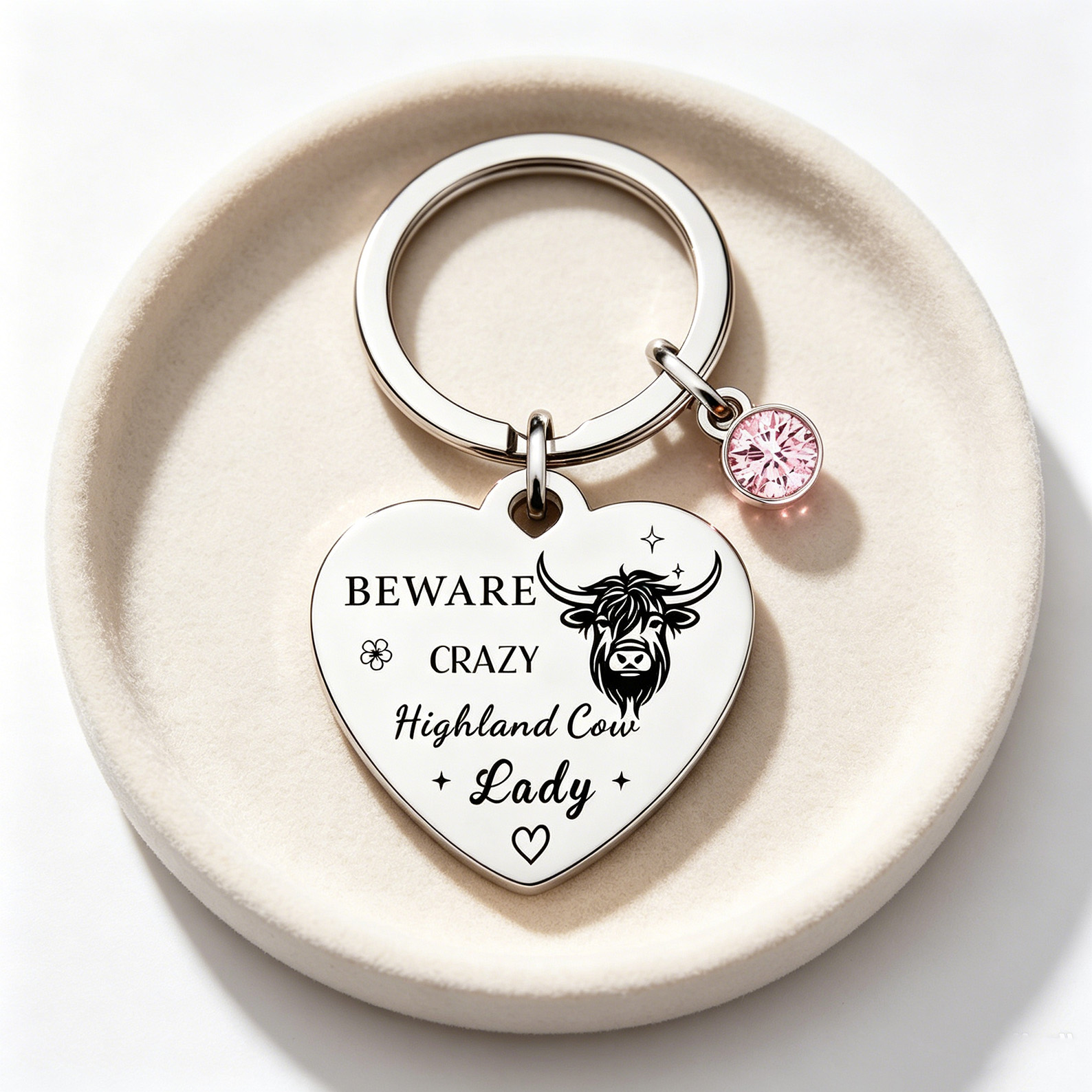 Personalized Birthstone Highland Cow Heart Metal Keychain with Name, Beware Crazy Highland Cow Lady Key Ring, Gift for Highland Cow Lovers/Farm Women