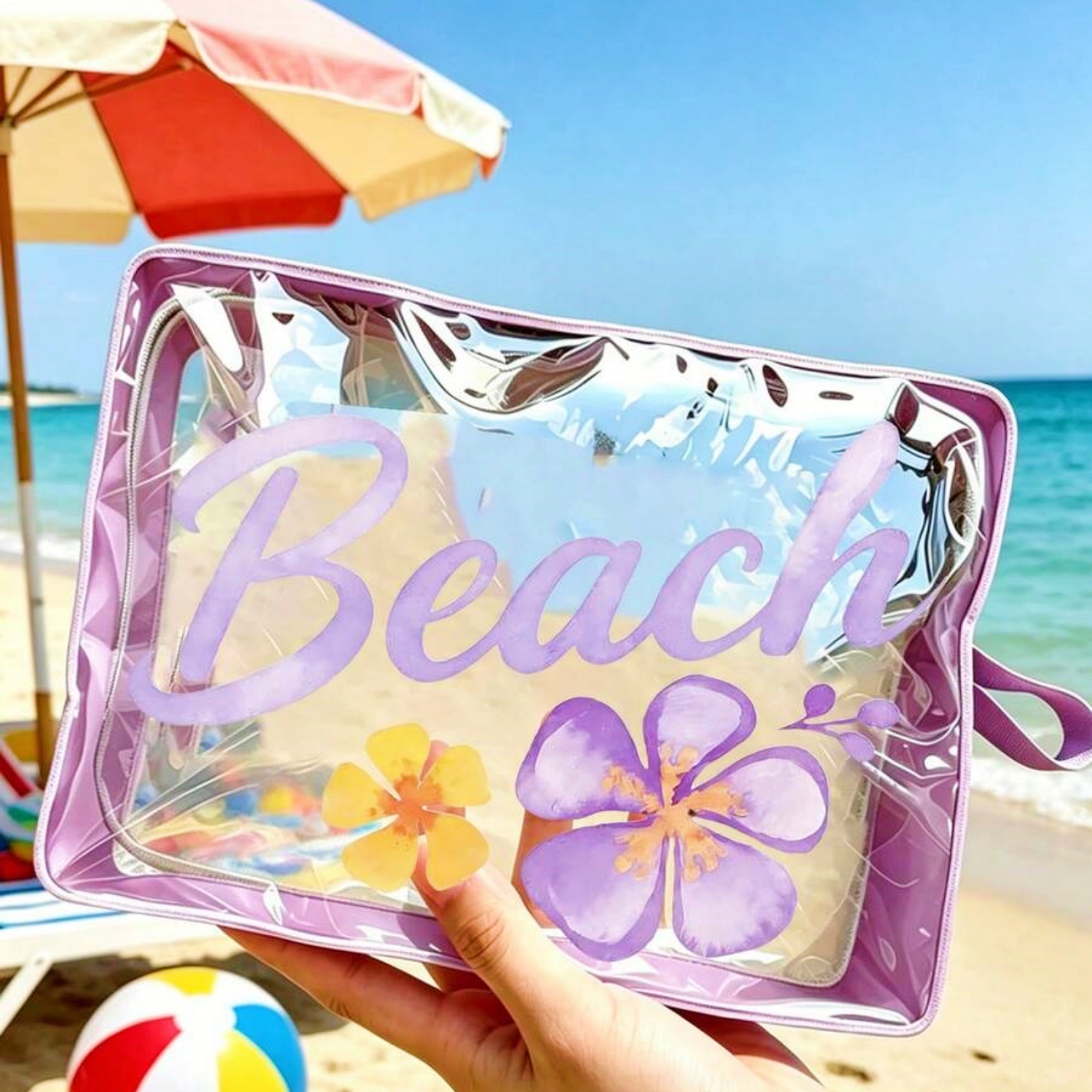 Custom Hibiscus Floral Clear Beach Cosmetic Pouch with Name, PVC Waterproof Toiletry Bag, Summer Trip Bachelorette Favor, Gift for Her/Bridesmaids