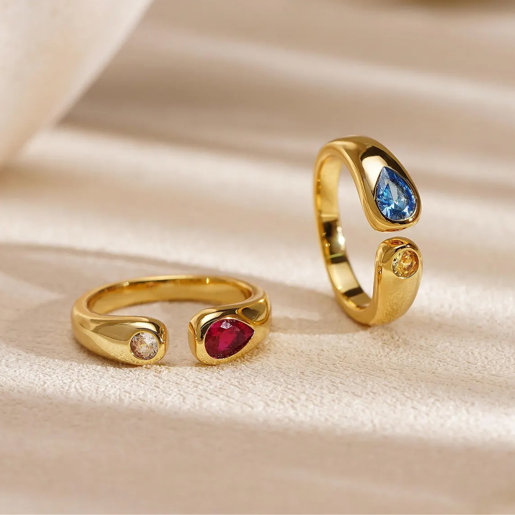 Personalized Duo Birthstone Signet Ring, Sterling Silver 925 Dainty Teardrop & Round Gemstone Open Ring, Anniversary/Birthday Gift for Mom/Wife/Women