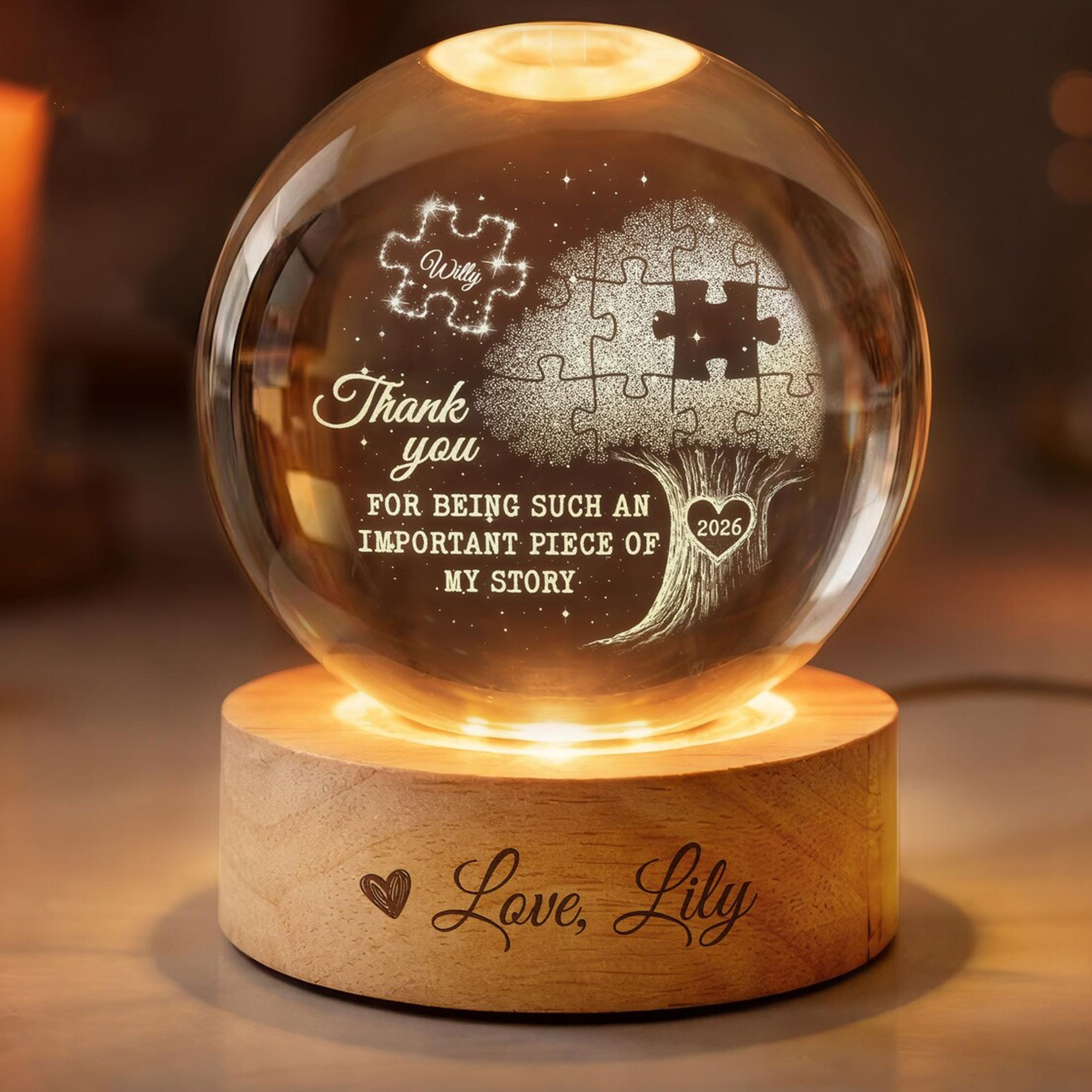Custom Teacher Crystal Ball LED Night Light with Name, 7-Color Clear Night Lamp with Wooden Base, Memory Keepsake, Appreciation Gift for Educators