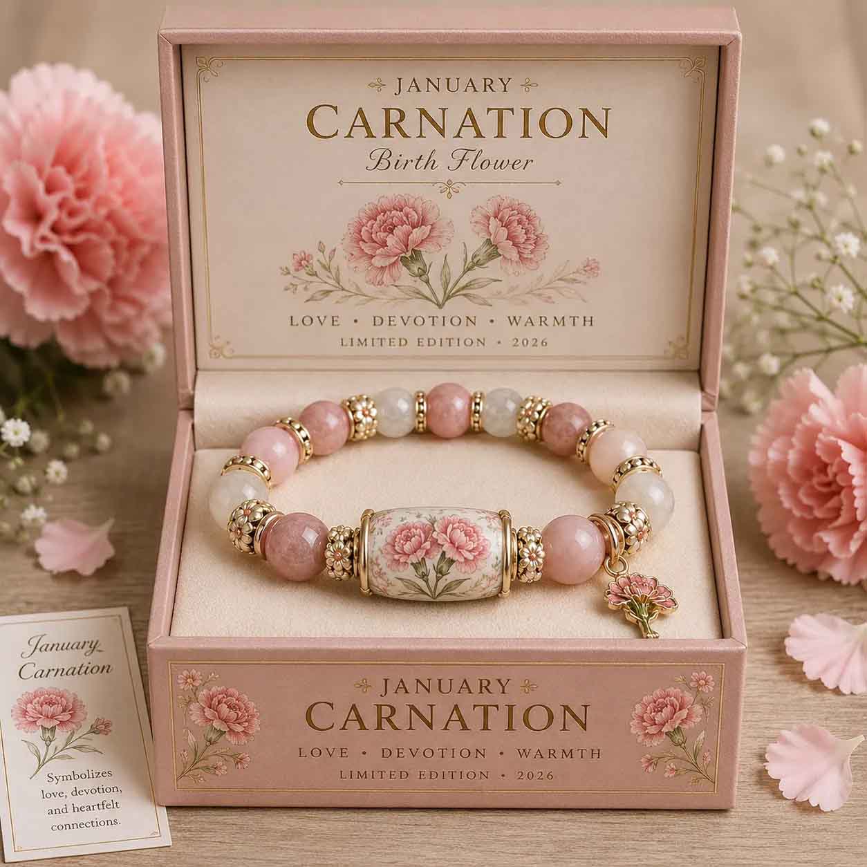 Vintage Birth Flower Beaded Bracelet with Gift Box, Limited Edition Premium Boxed Natural Stone Floral Charm Beaded Bracelet, Birthday Gift for Her