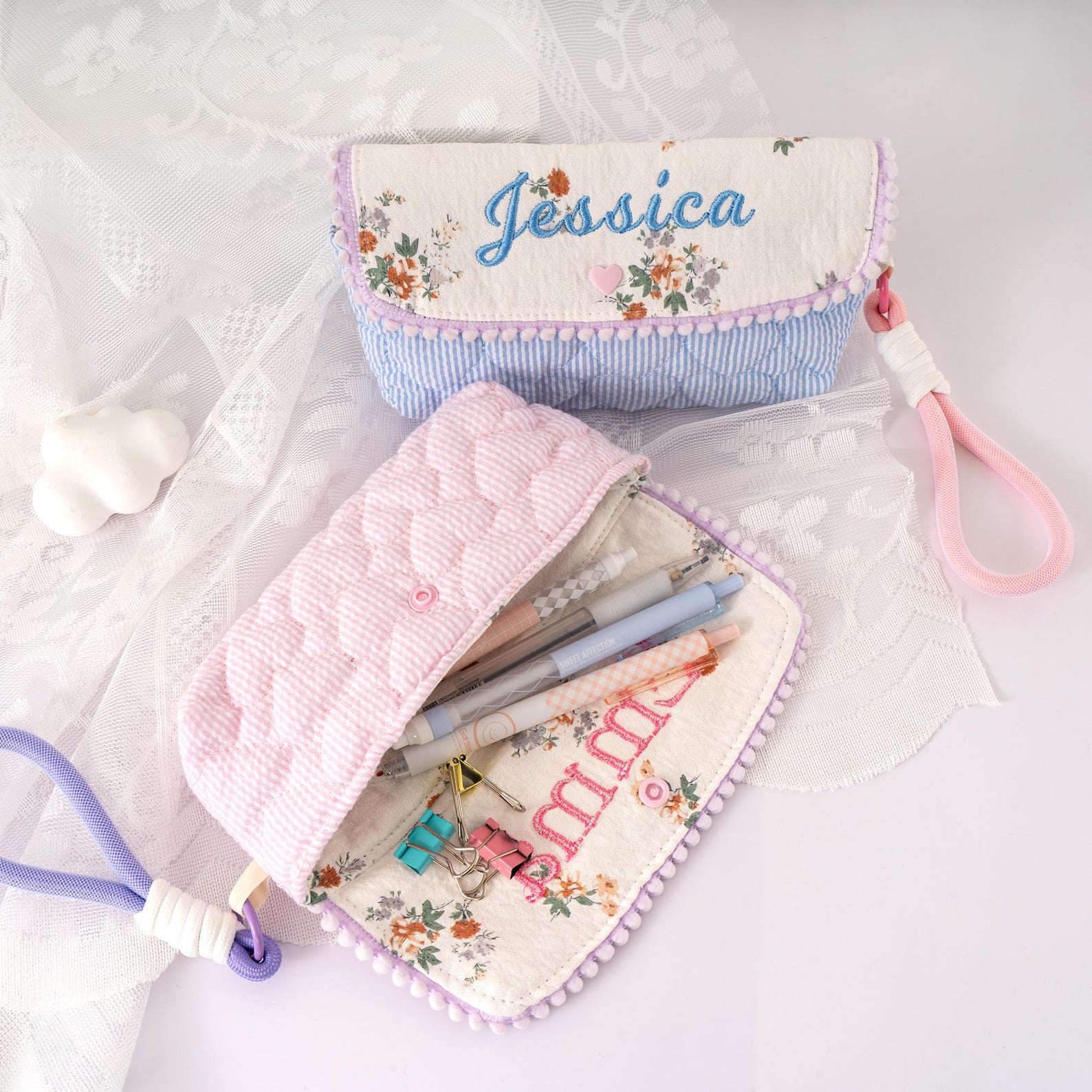 Custom Name Embroidered Quilted Pencil Case, Floral Pencil Bag with Colorful Lanyard, Back to School/Birthday Gift for Girls/Students/Friends