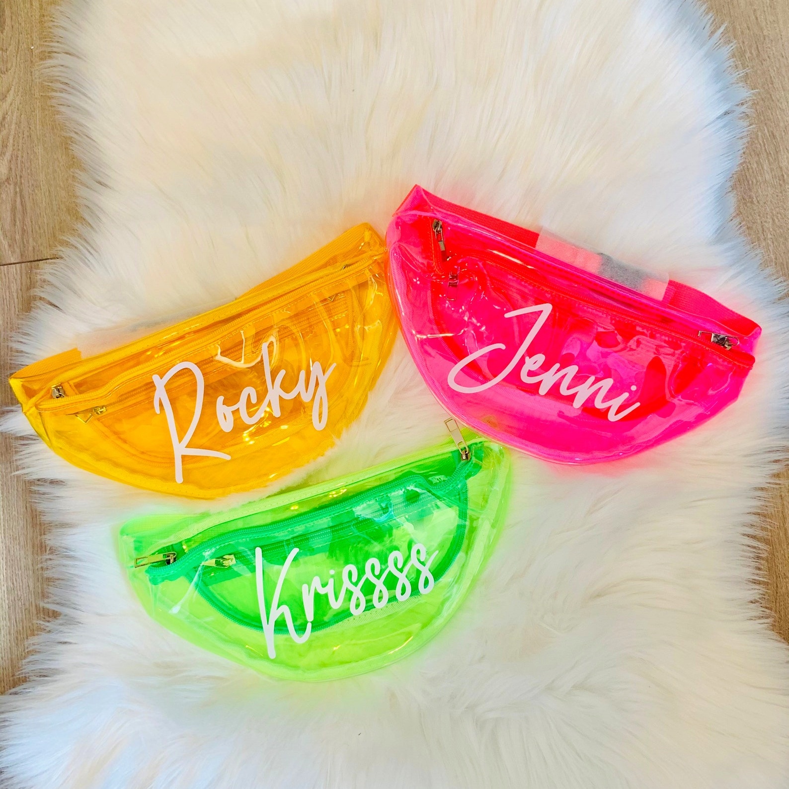 Custom Name Neon Clear Fanny Pack, PVC Waterproof Zipper Waist Bum Bag, Summer Music Festival Beach Girls Trip Party Decor, Gift for Girls/Friends