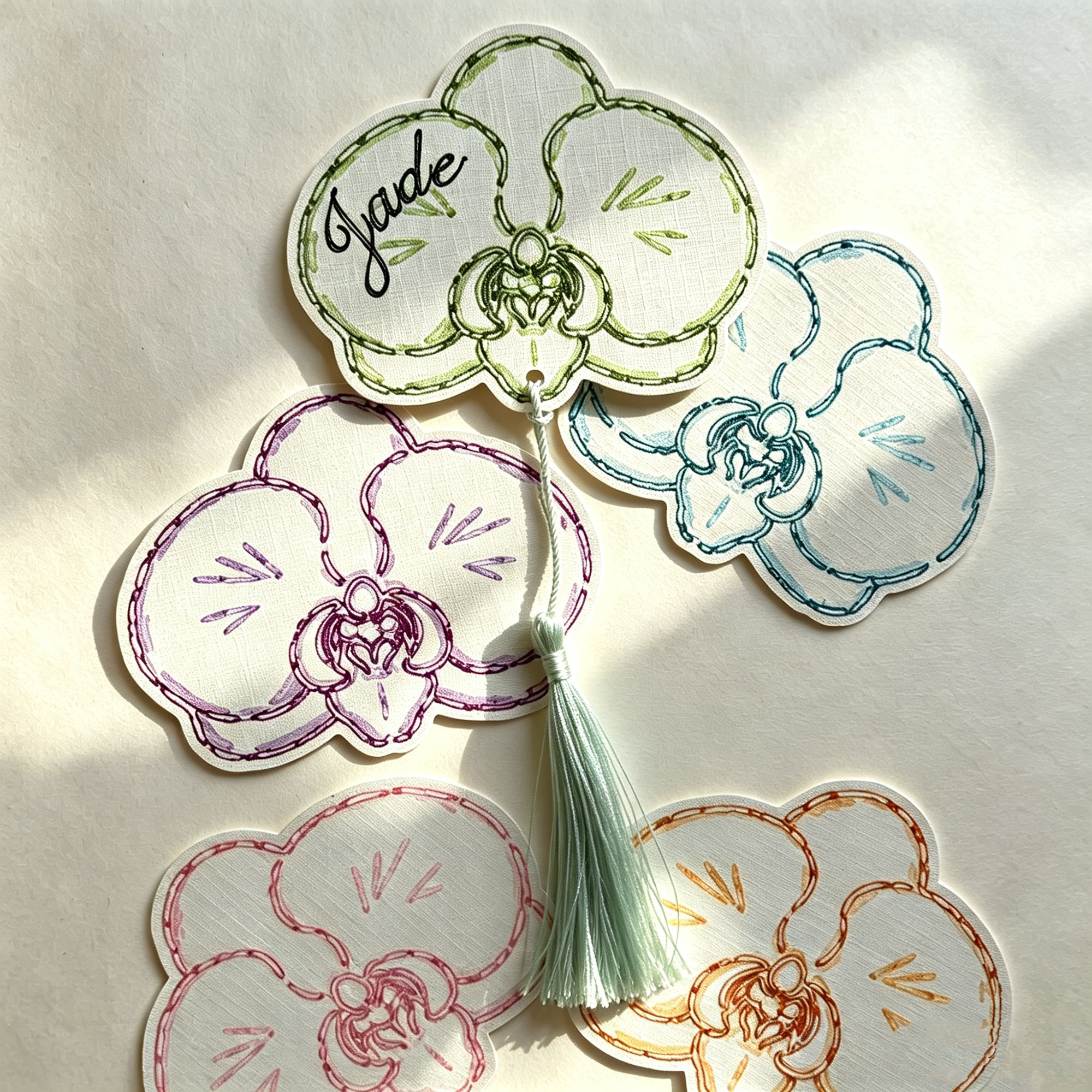Personalized Tassel Butterfly Orchid Place Card with Name, Floral Textured Cardstock Table Tag, Bridal Shower Favor, Wedding Gift for Guests/Friends