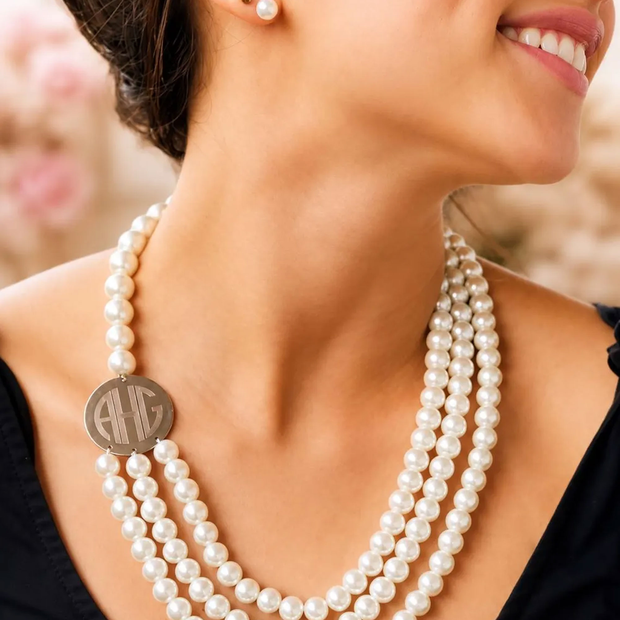 Personalized Multi Strand Pearl Necklace with Initials, Engraved Monogram Disc Pendant, Daily Wear Jewelry, Anniversary Gift for Her/Women/Girlfriends