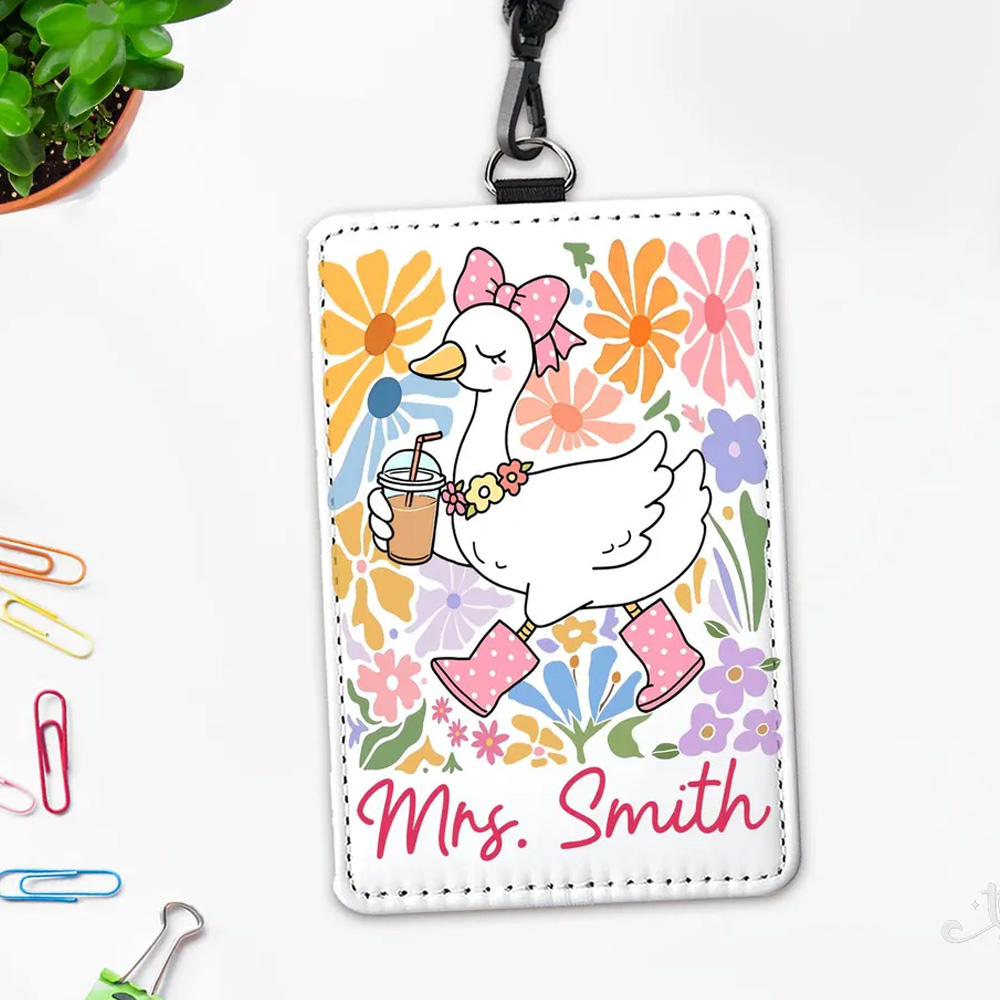 Custom Silly Goose Teacher ID Badge Holder with Name, Whimsical Cartoon Duck Vertical Card Sleeve, Teacher Office Staff Work Pass, Gift for Educators